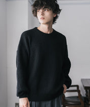 オーバーサイズ畦編みクルーネック長袖ニットセーター 16059
