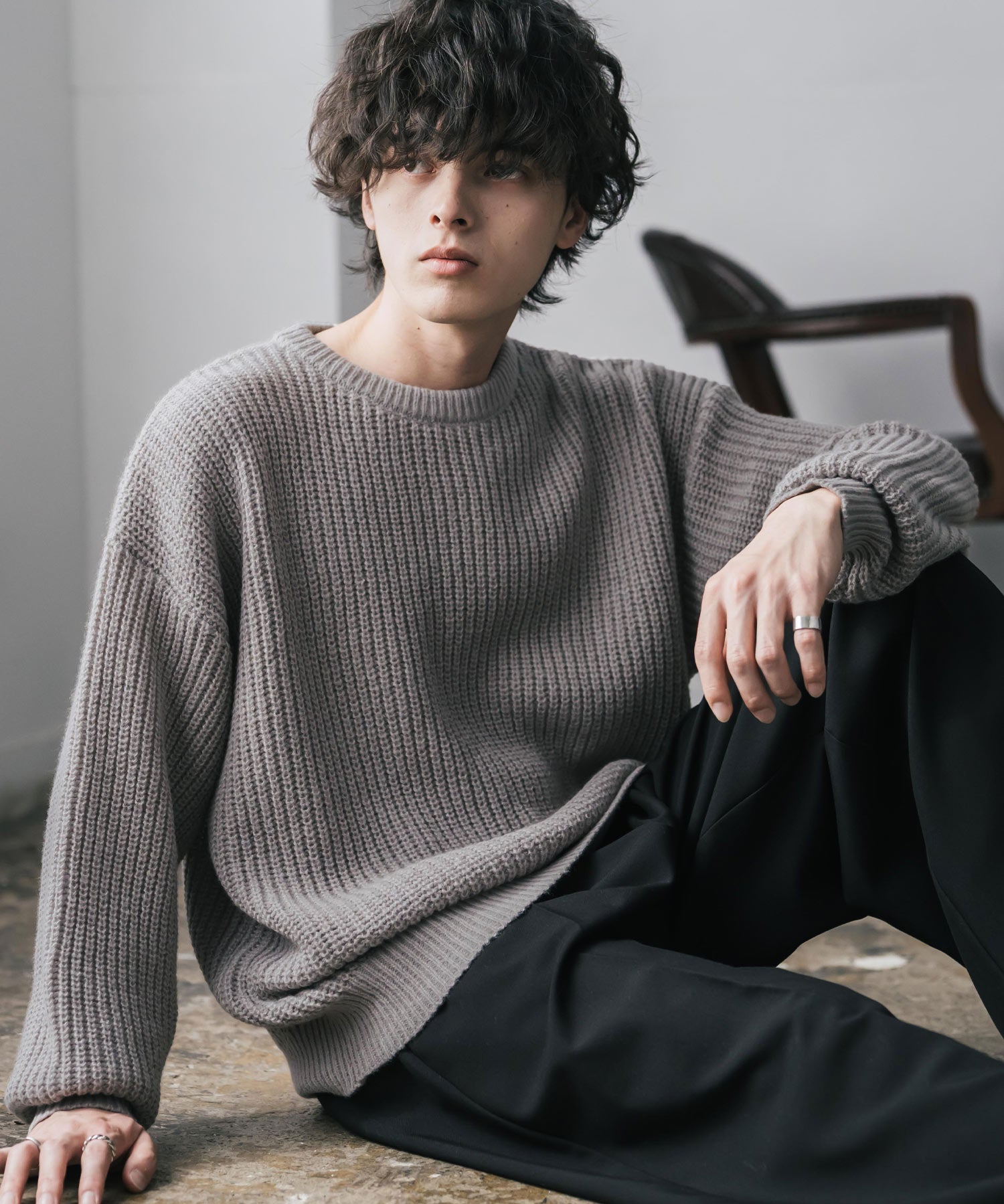 オーバーサイズ畦編みクルーネック長袖ニットセーター 16059