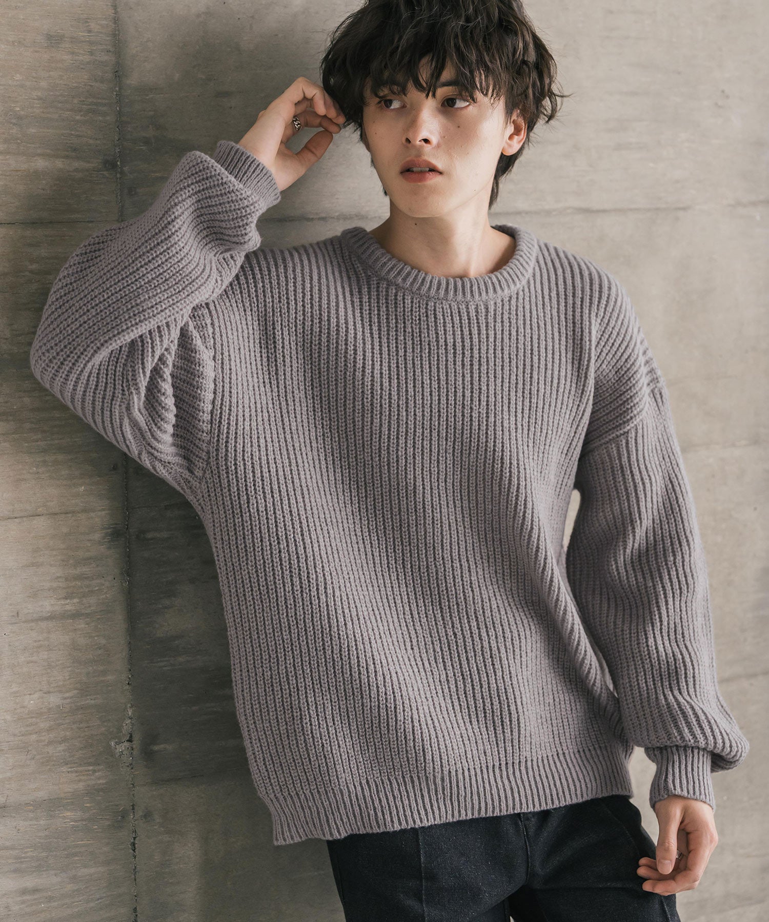 オーバーサイズ畦編みクルーネック長袖ニットセーター 16059