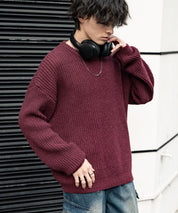 オーバーサイズ畦編みクルーネック長袖ニットセーター 16059