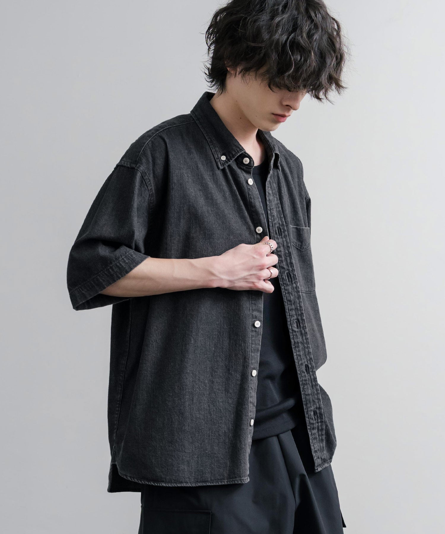 Upscape Audience アップスケープオーディエンス 日本製 国産 「備後」8オンス ムラデニム ヴィンテージWASH ボタンダウンボクシーAライン半袖シャツ AUD6722 16036