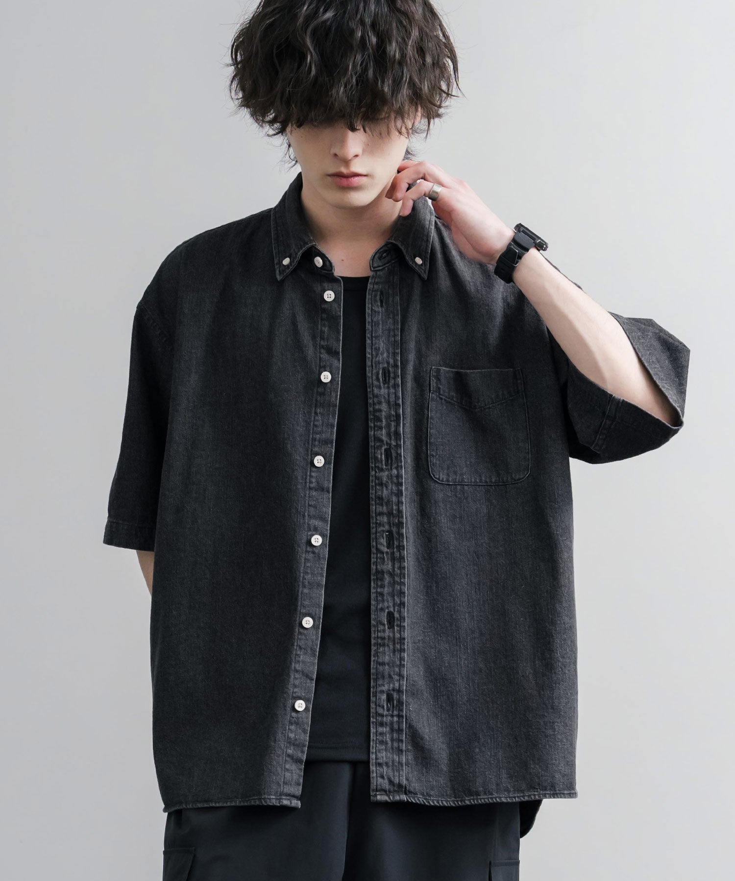 Upscape Audience アップスケープオーディエンス 日本製 国産 「備後」8オンス ムラデニム ヴィンテージWASH ボタンダウンボクシーAライン半袖シャツ AUD6722 16036