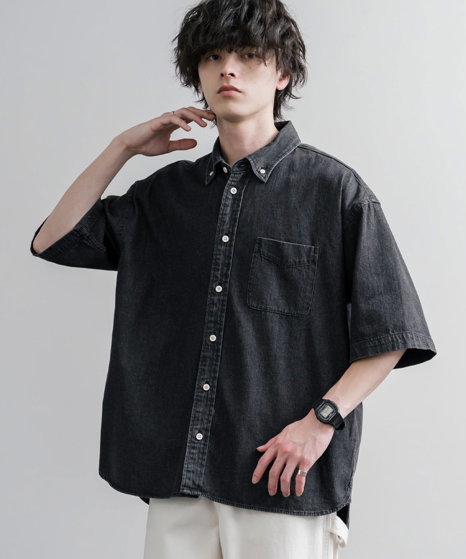 Upscape Audience アップスケープオーディエンス 日本製 国産 「備後」8オンス ムラデニム ヴィンテージWASH ボタンダウンボクシーAライン半袖シャツ AUD6722 16036