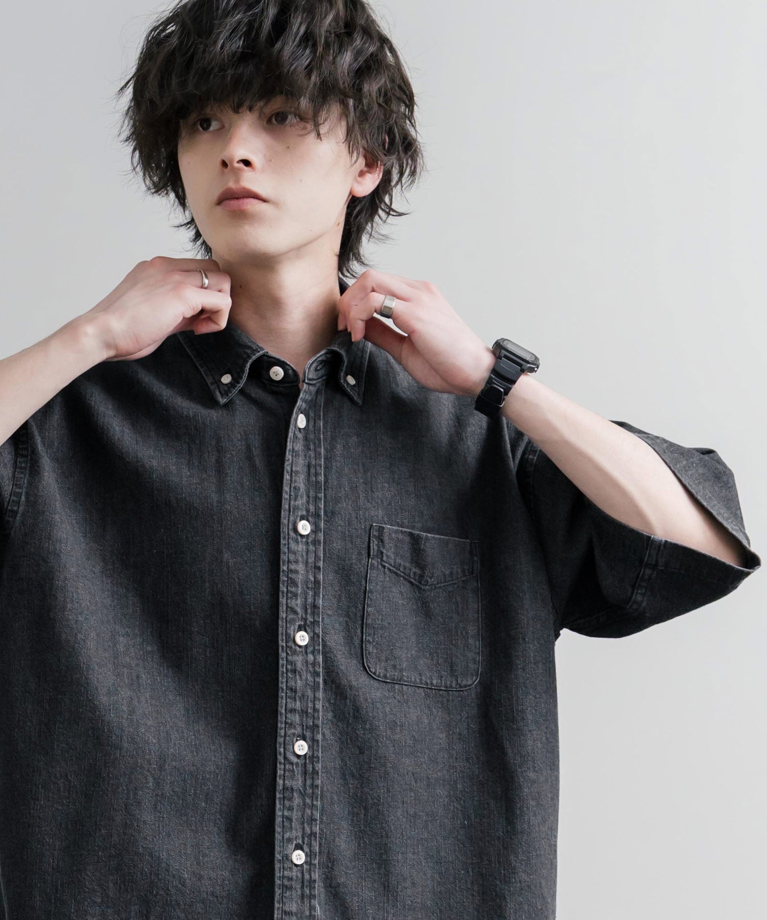 Upscape Audience アップスケープオーディエンス 日本製 国産 「備後」8オンス ムラデニム ヴィンテージWASH ボタンダウンボクシーAライン半袖シャツ AUD6722 16036