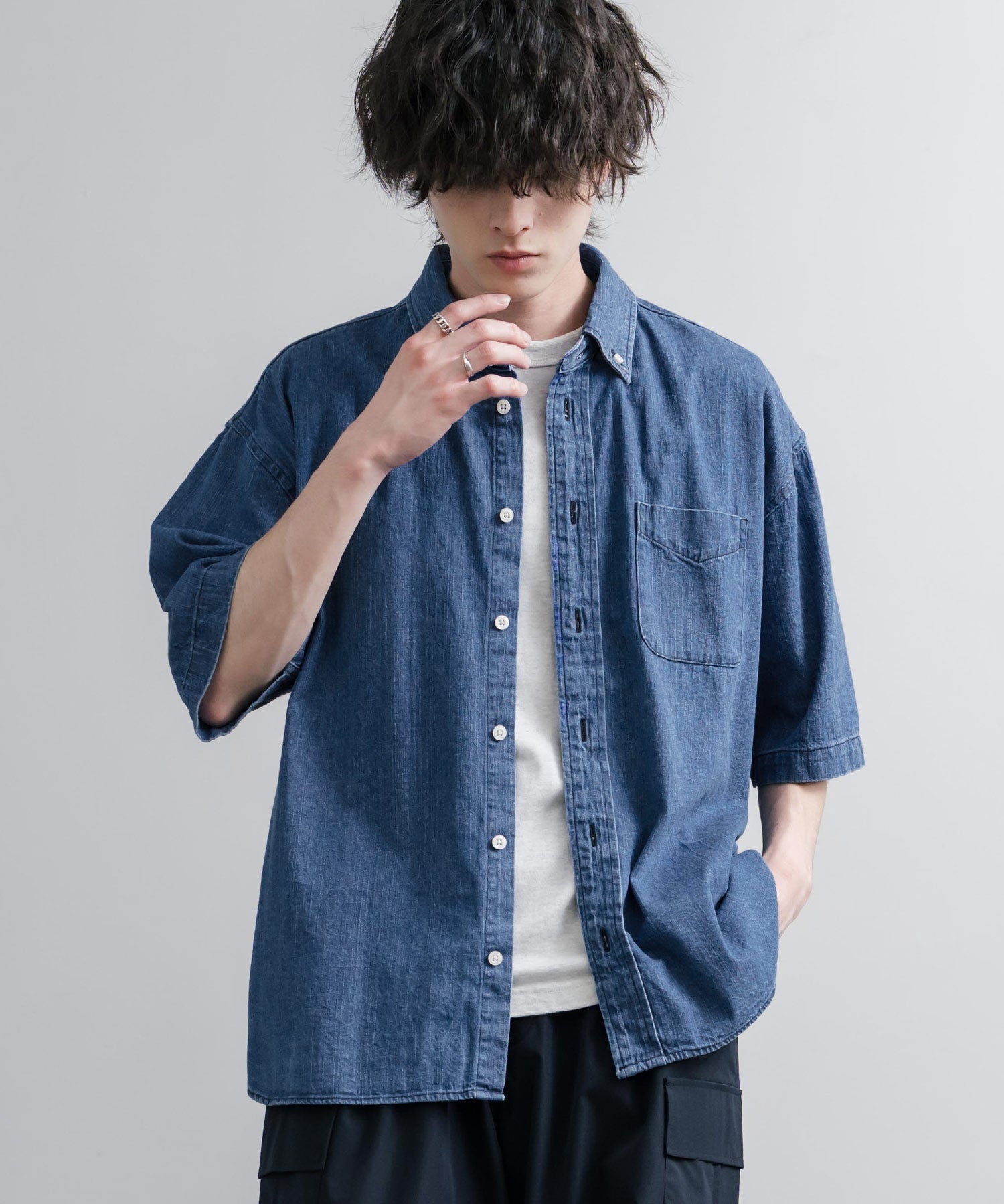 Upscape Audience アップスケープオーディエンス 日本製 国産 「備後」8オンス ムラデニム ヴィンテージWASH ボタンダウンボクシーAライン半袖シャツ AUD6722 16036