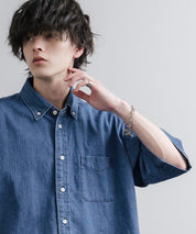 Upscape Audience アップスケープオーディエンス 日本製 国産 「備後」8オンス ムラデニム ヴィンテージWASH ボタンダウンボクシーAライン半袖シャツ AUD6722 16036
