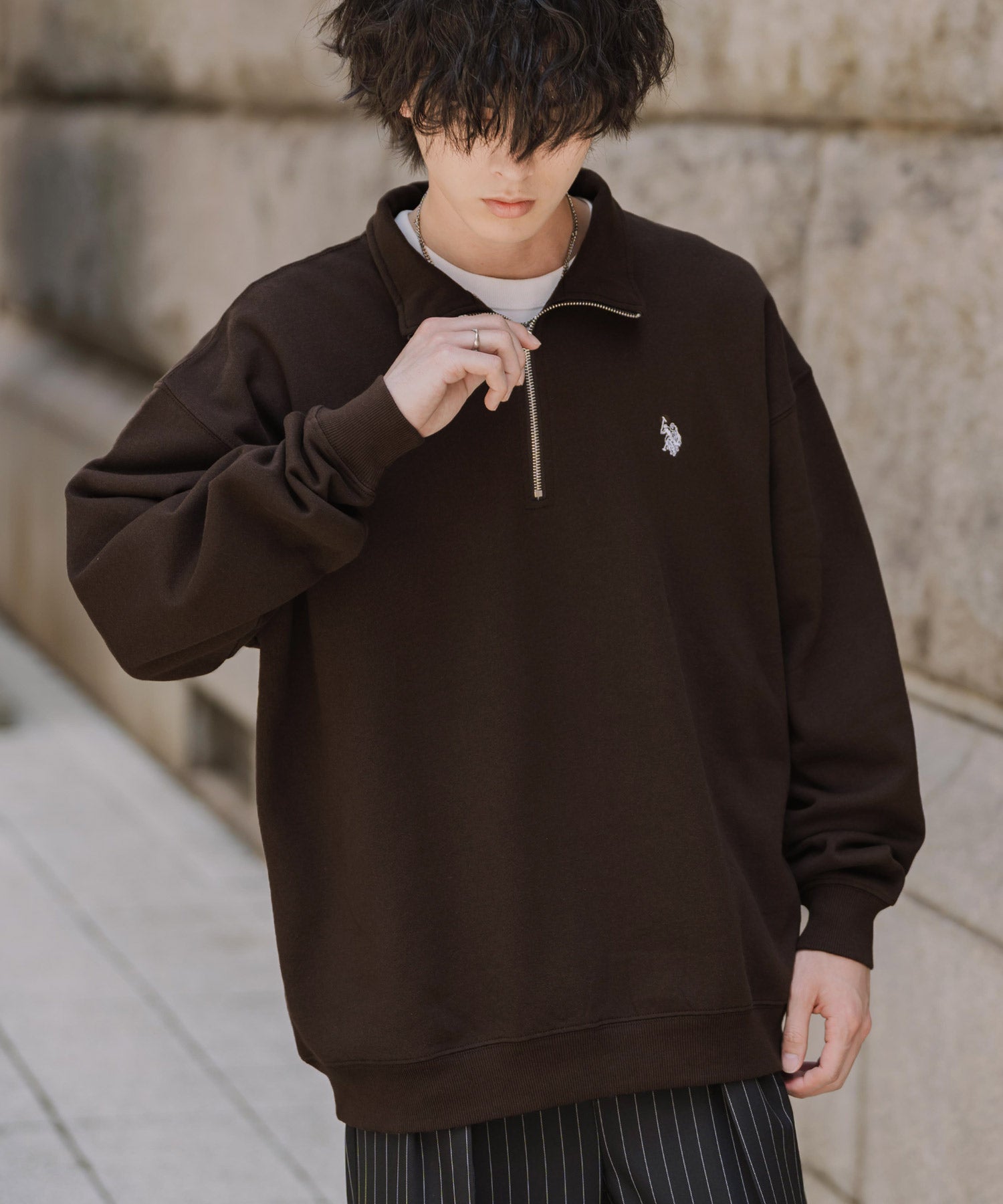 U.S. POLO ASSN. ユーエスポロアッスン オーバーサイズ裏起毛ワンポイントロゴ刺繍長袖ハーフジップスウェット 16108