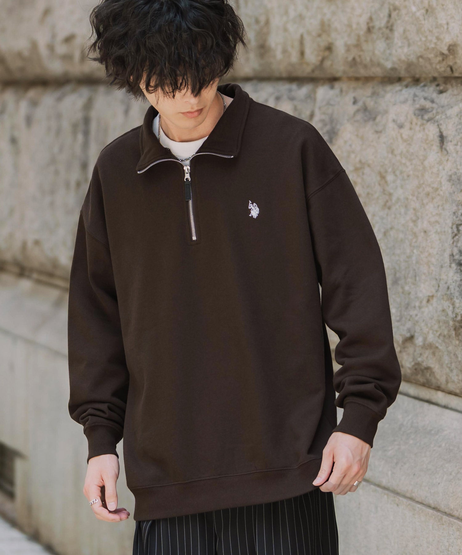 U.S. POLO ASSN. ユーエスポロアッスン オーバーサイズ裏起毛ワンポイントロゴ刺繍長袖ハーフジップスウェット 16108