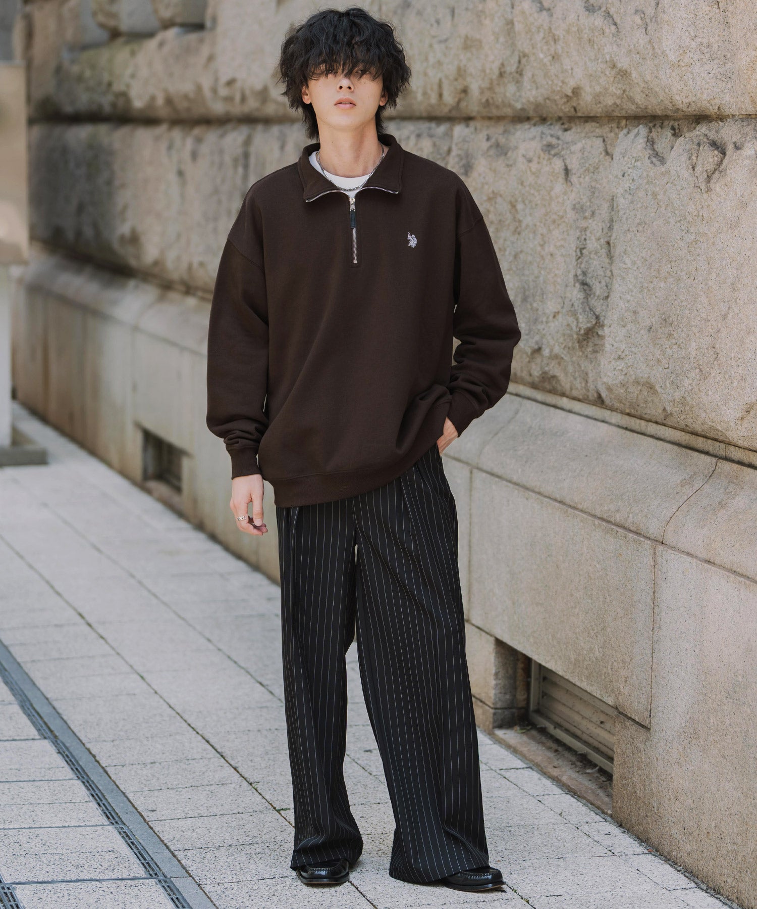 U.S. POLO ASSN. ユーエスポロアッスン オーバーサイズ裏起毛ワンポイントロゴ刺繍長袖ハーフジップスウェット 16108