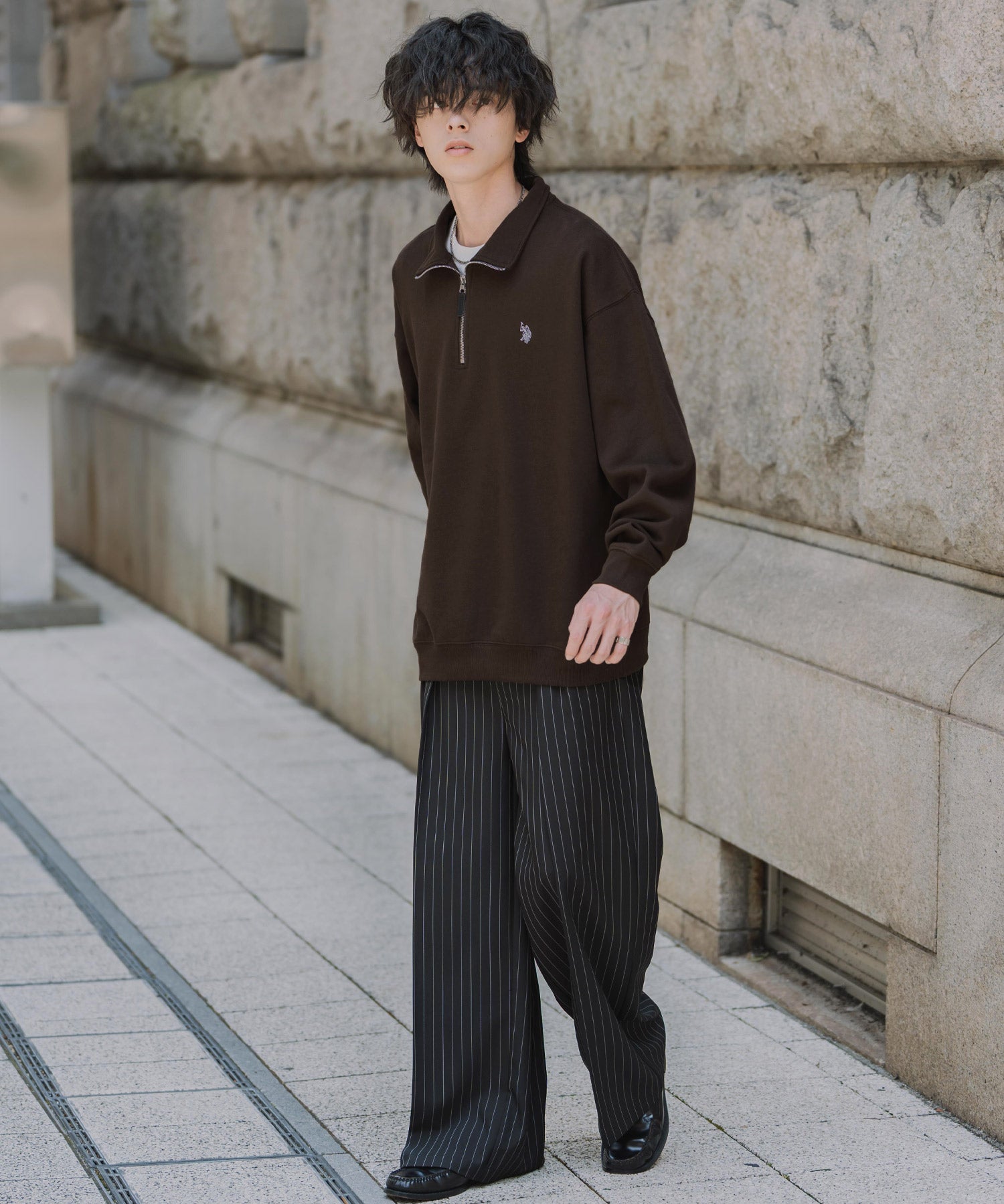 U.S. POLO ASSN. ユーエスポロアッスン オーバーサイズ裏起毛ワンポイントロゴ刺繍長袖ハーフジップスウェット 16108
