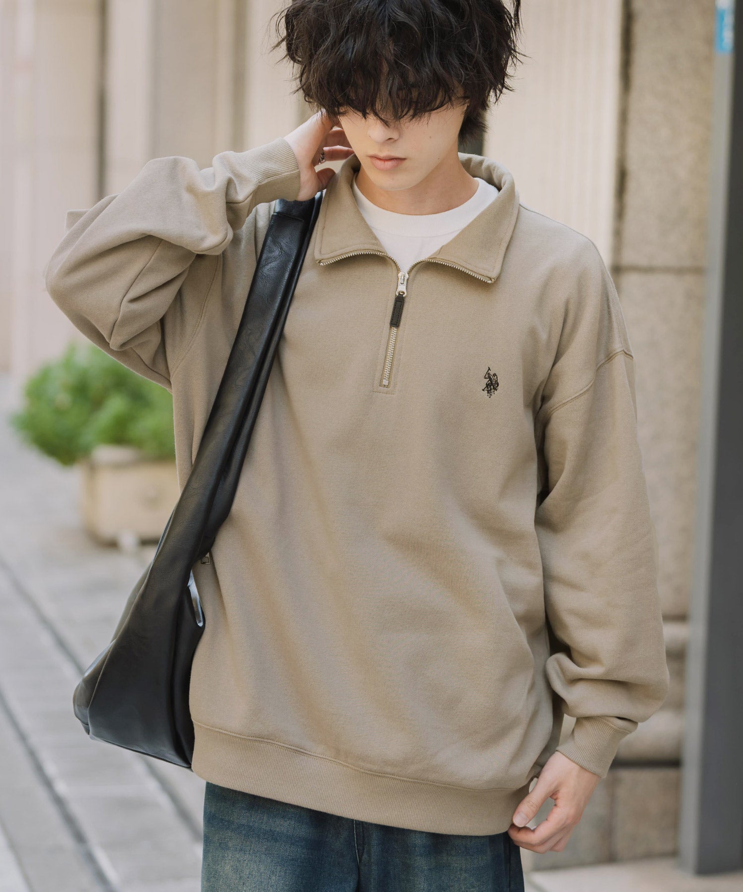 U.S. POLO ASSN. ユーエスポロアッスン オーバーサイズ裏起毛ワンポイントロゴ刺繍長袖ハーフジップスウェット 16108