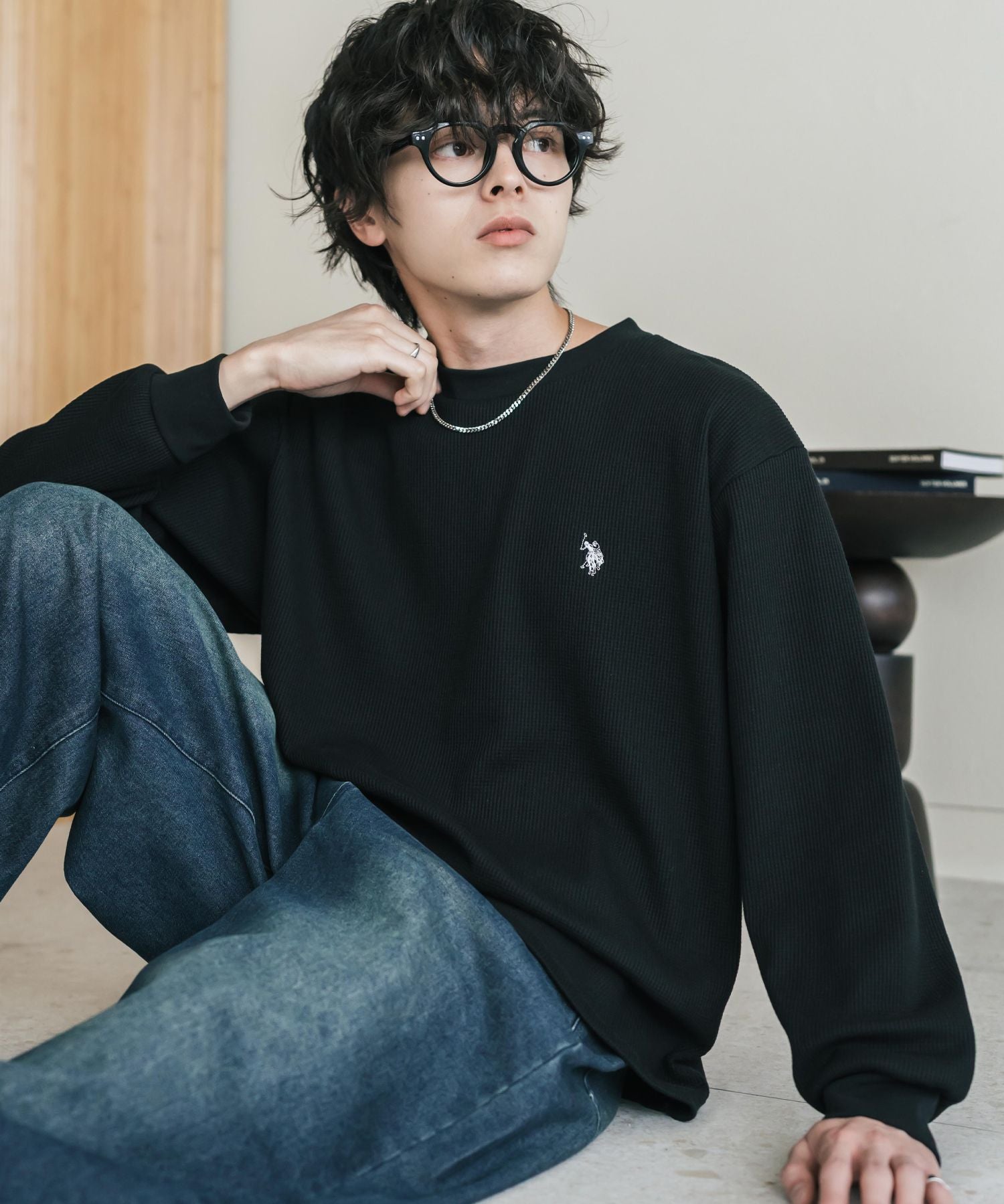 U.S. POLO ASSN. ユーエスポロアッスン サーマルワンポイントロゴ刺繍クルーネック長袖Tシャツ/ワッフルカットソー 16109