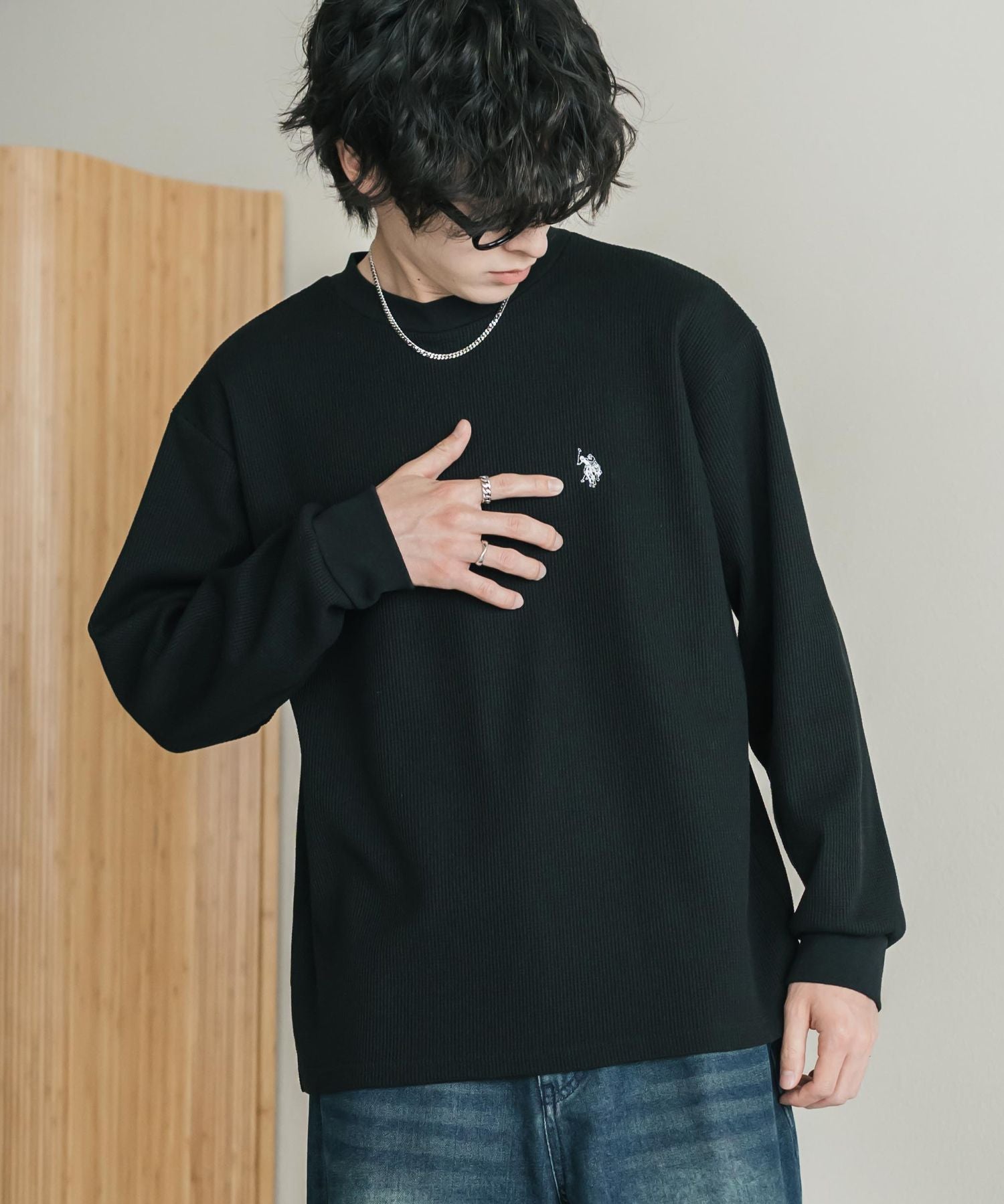 U.S. POLO ASSN. ユーエスポロアッスン サーマルワンポイントロゴ刺繍クルーネック長袖Tシャツ/ワッフルカットソー 16109