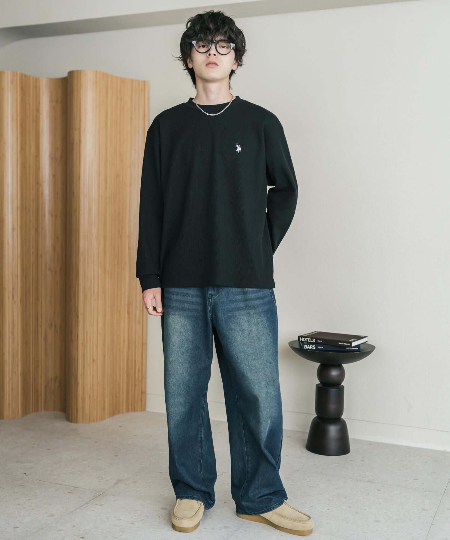 U.S. POLO ASSN. ユーエスポロアッスン サーマルワンポイントロゴ刺繍クルーネック長袖Tシャツ/ワッフルカットソー 16109