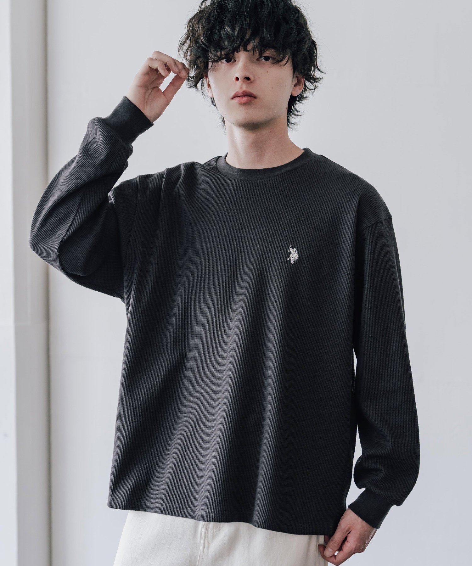 U.S. POLO ASSN. ユーエスポロアッスン サーマルワンポイントロゴ刺繍クルーネック長袖Tシャツ/ワッフルカットソー 16109