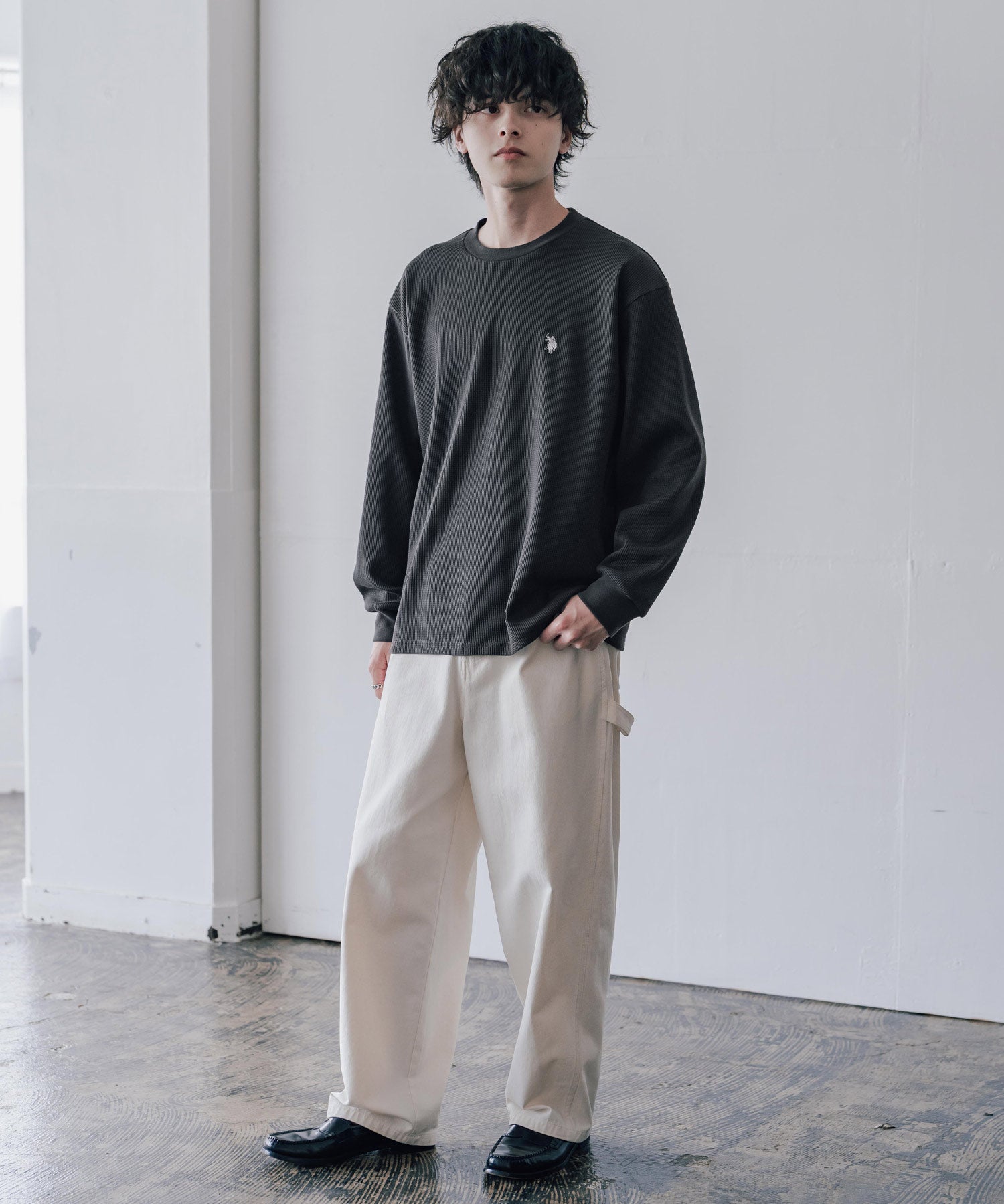 U.S. POLO ASSN. ユーエスポロアッスン サーマルワンポイントロゴ刺繍クルーネック長袖Tシャツ/ワッフルカットソー 16109