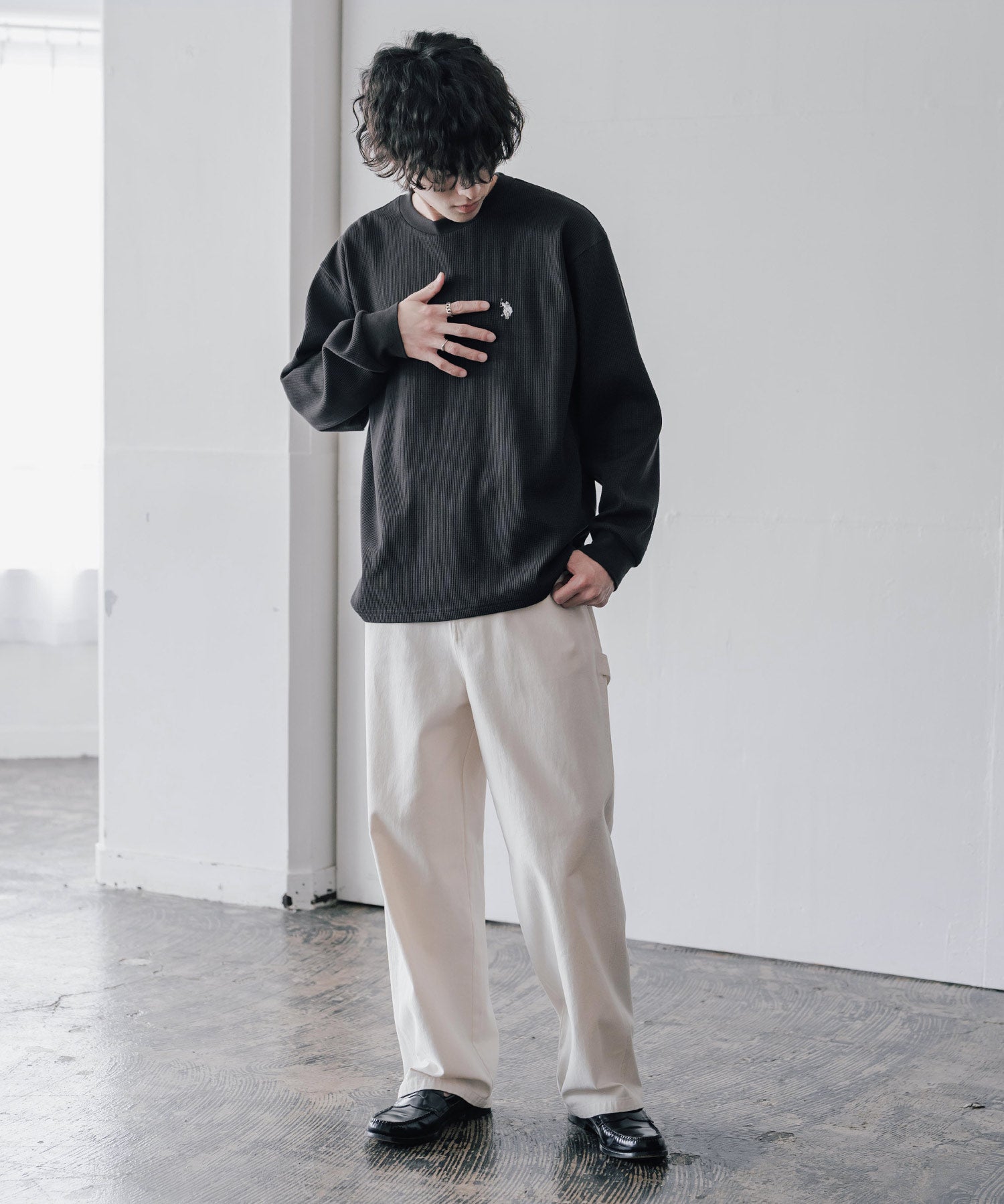U.S. POLO ASSN. ユーエスポロアッスン サーマルワンポイントロゴ刺繍クルーネック長袖Tシャツ/ワッフルカットソー 16109