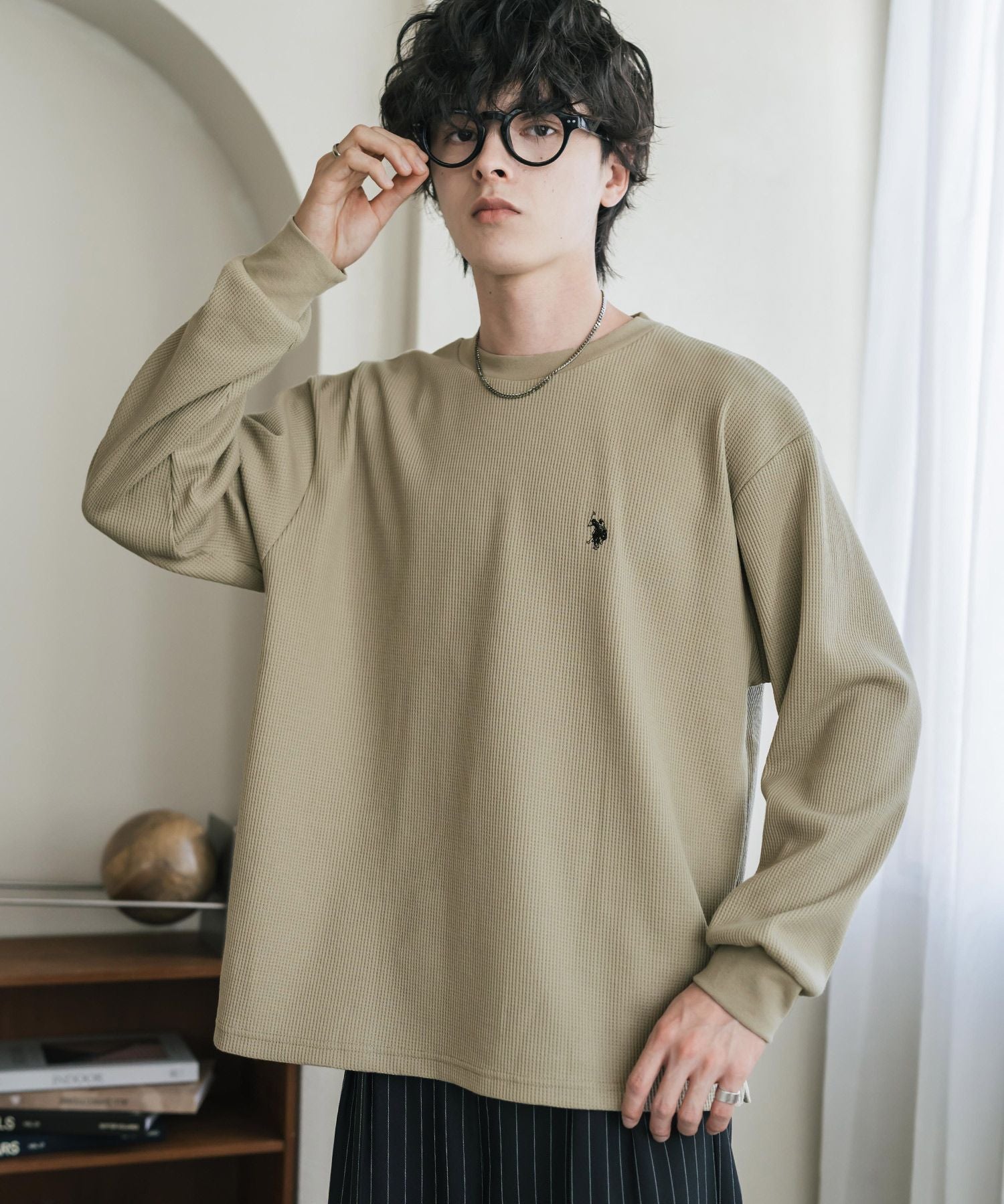 U.S. POLO ASSN. ユーエスポロアッスン サーマルワンポイントロゴ刺繍クルーネック長袖Tシャツ/ワッフルカットソー 16109