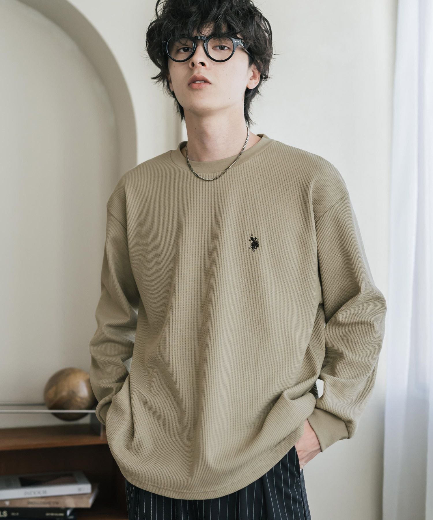 U.S. POLO ASSN. ユーエスポロアッスン サーマルワンポイントロゴ刺繍クルーネック長袖Tシャツ/ワッフルカットソー 16109