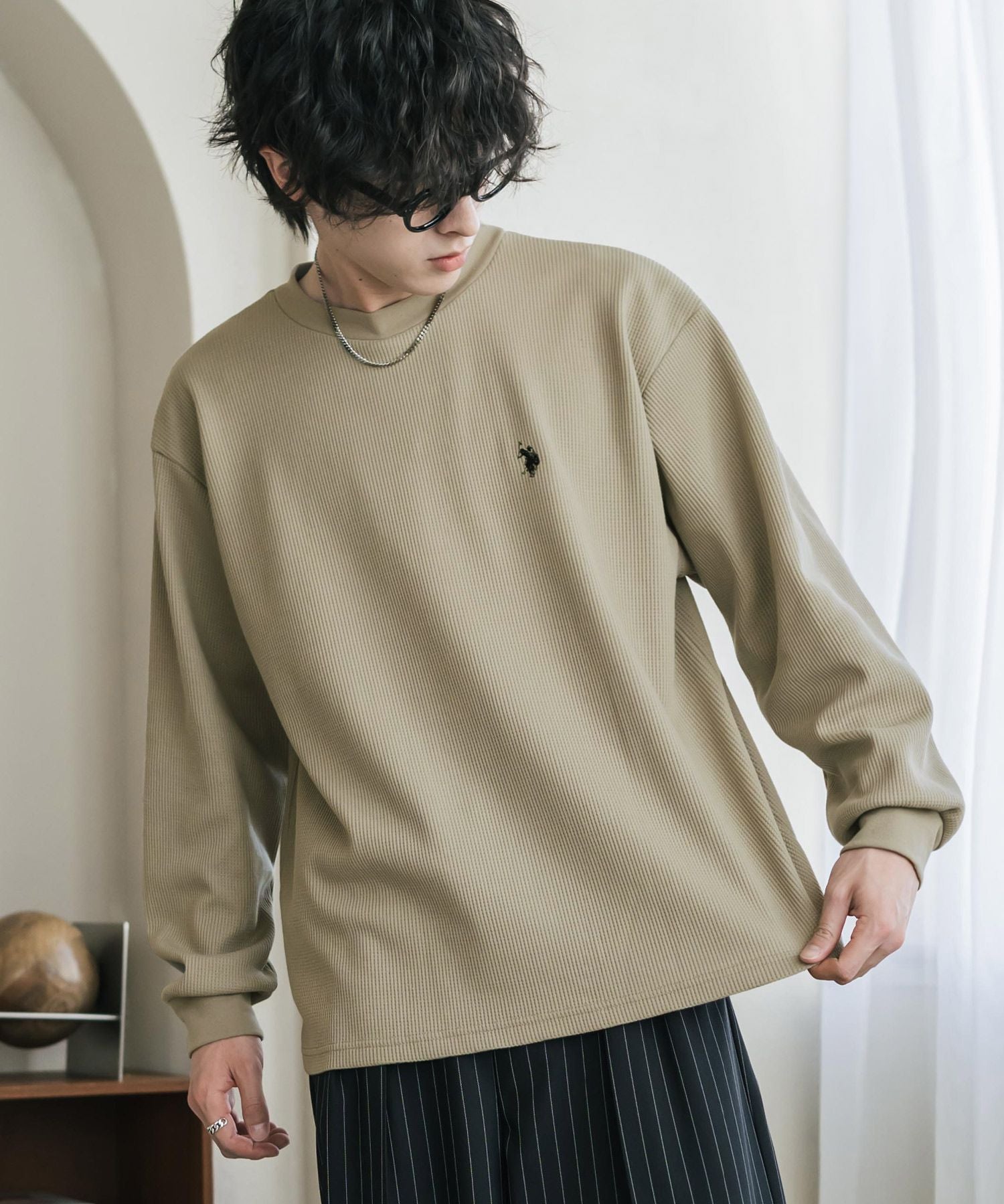 U.S. POLO ASSN. ユーエスポロアッスン サーマルワンポイントロゴ刺繍クルーネック長袖Tシャツ/ワッフルカットソー 16109