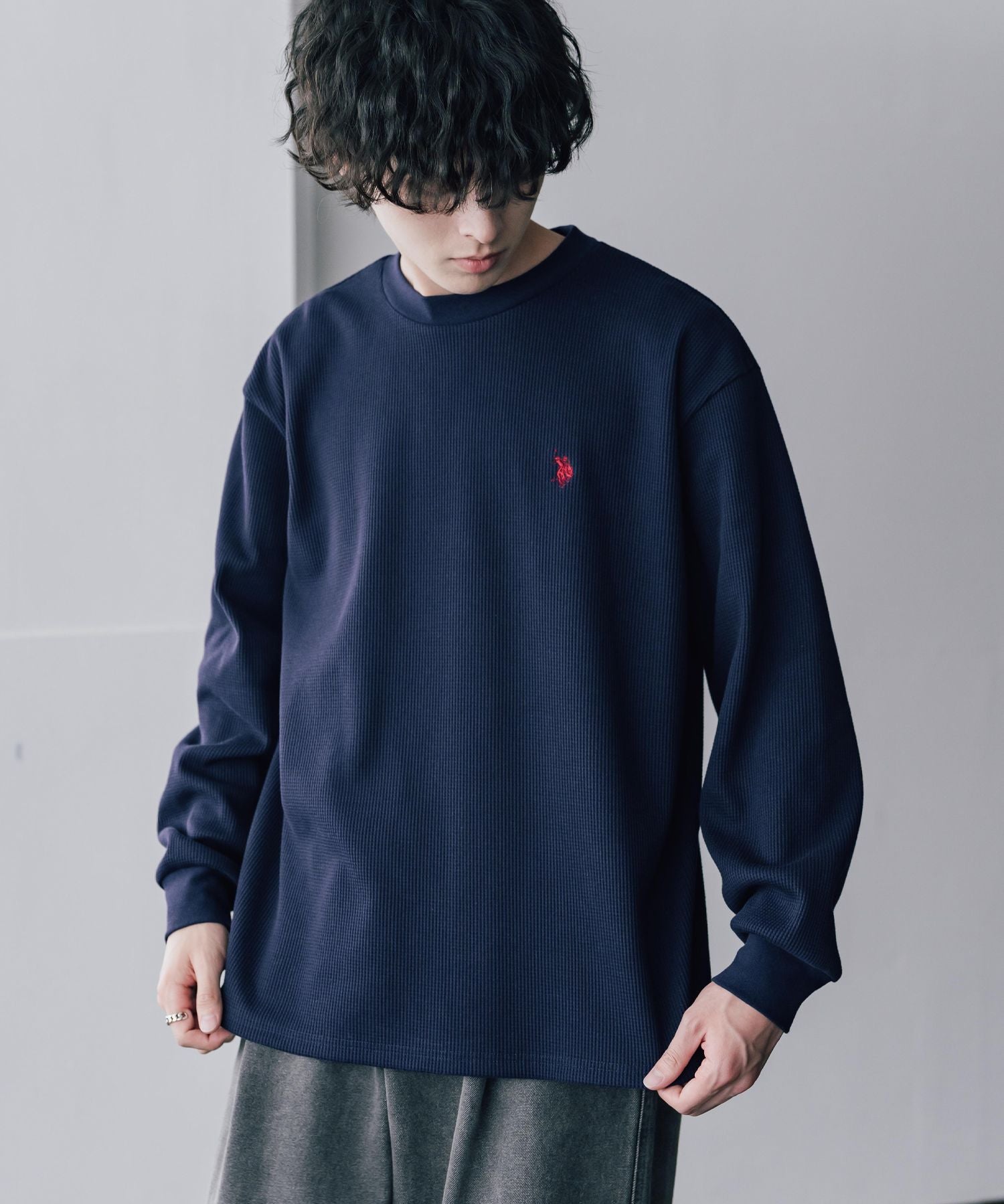 U.S. POLO ASSN. ユーエスポロアッスン サーマルワンポイントロゴ刺繍クルーネック長袖Tシャツ/ワッフルカットソー 16109