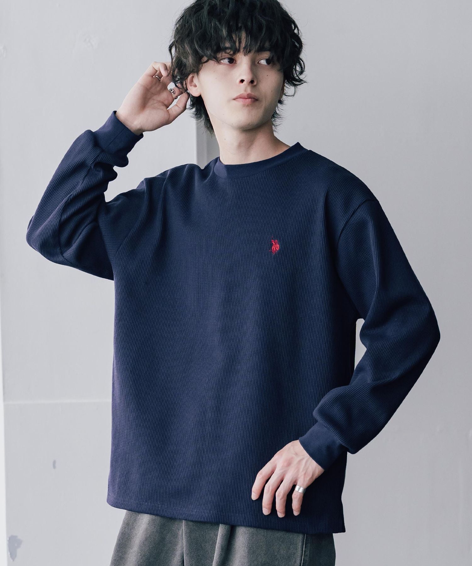 U.S. POLO ASSN. ユーエスポロアッスン サーマルワンポイントロゴ刺繍クルーネック長袖Tシャツ/ワッフルカットソー 16109