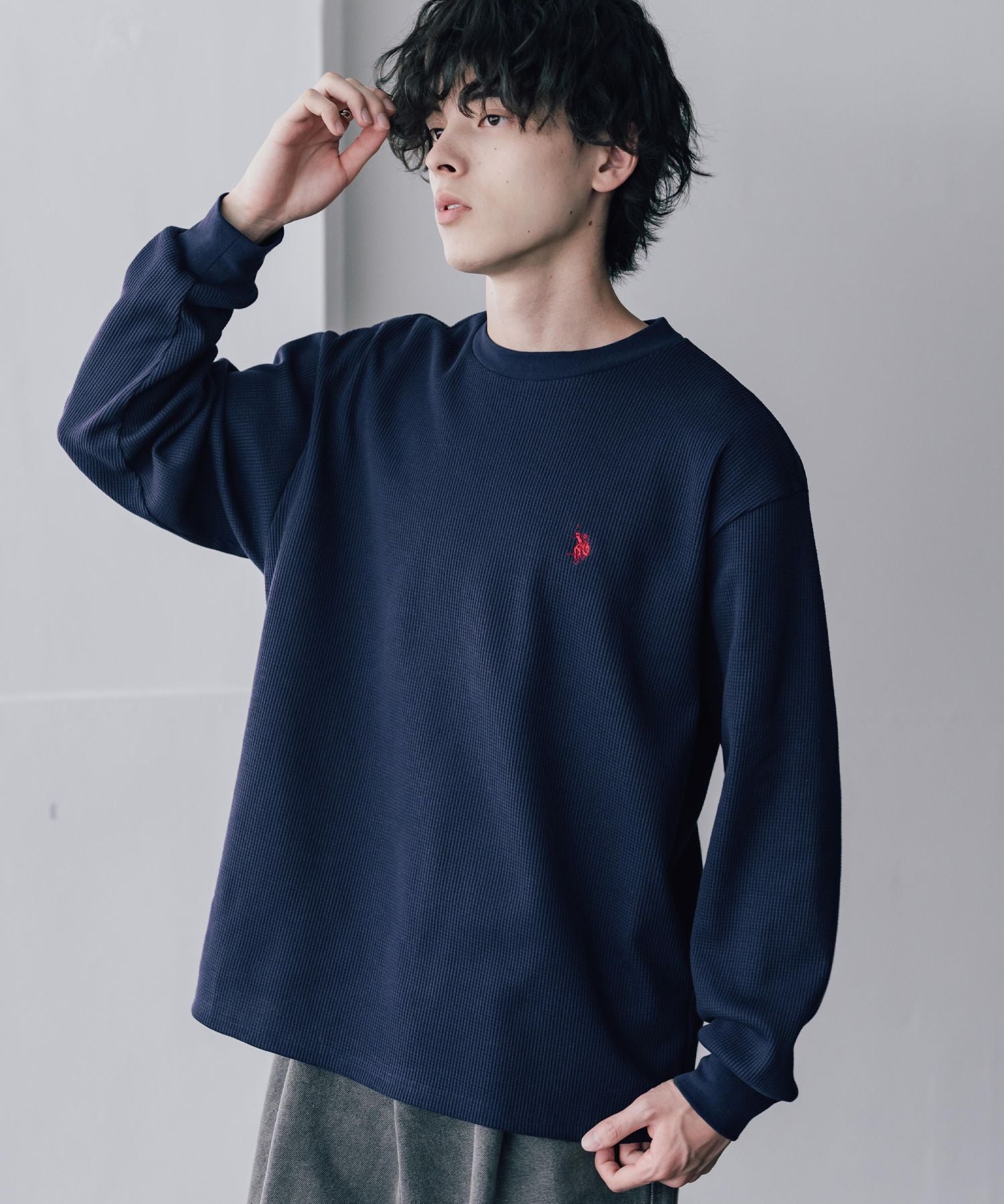 U.S. POLO ASSN. ユーエスポロアッスン サーマルワンポイントロゴ刺繍クルーネック長袖Tシャツ/ワッフルカットソー 16109