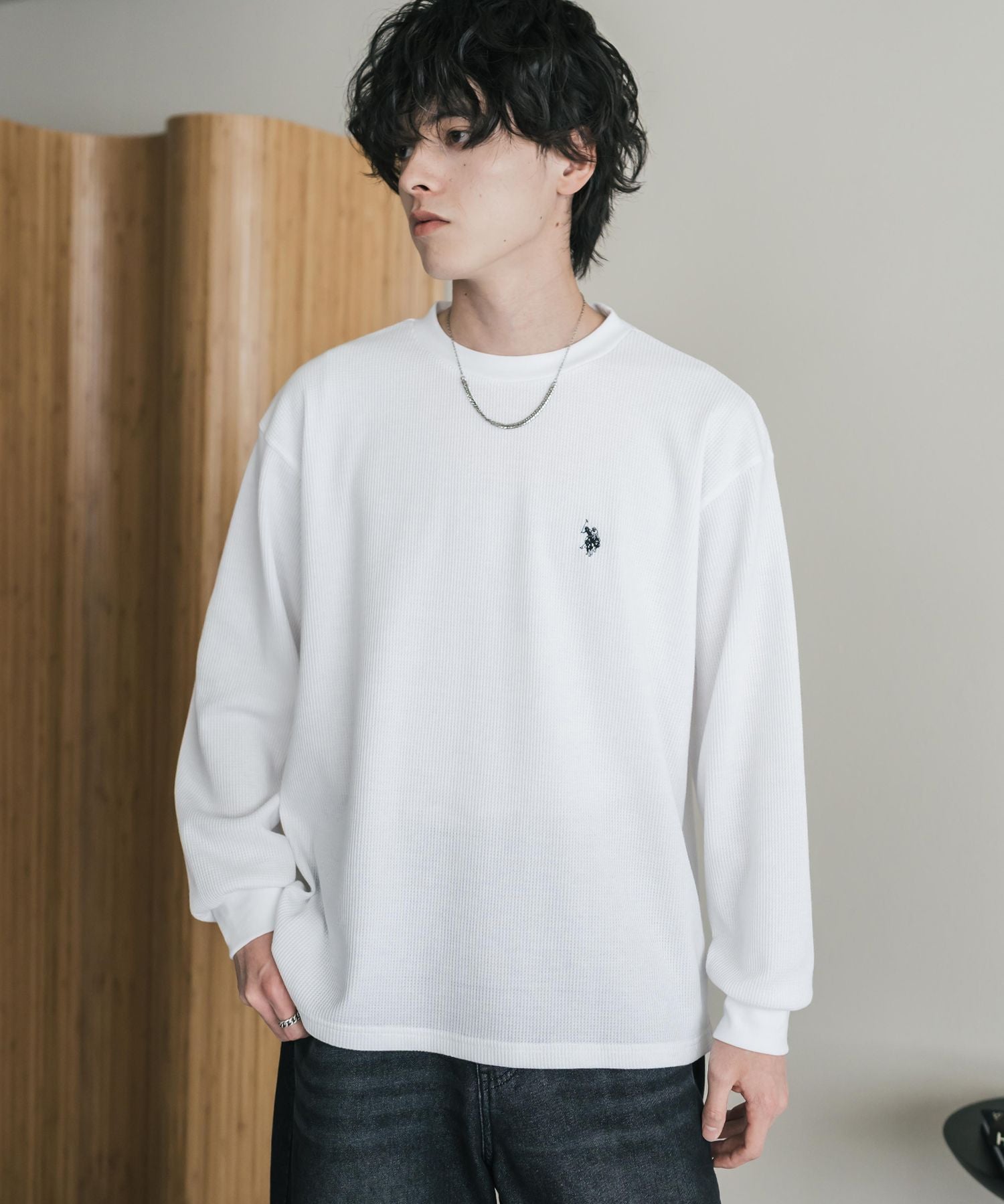 U.S. POLO ASSN. ユーエスポロアッスン サーマルワンポイントロゴ刺繍クルーネック長袖Tシャツ/ワッフルカットソー 16109