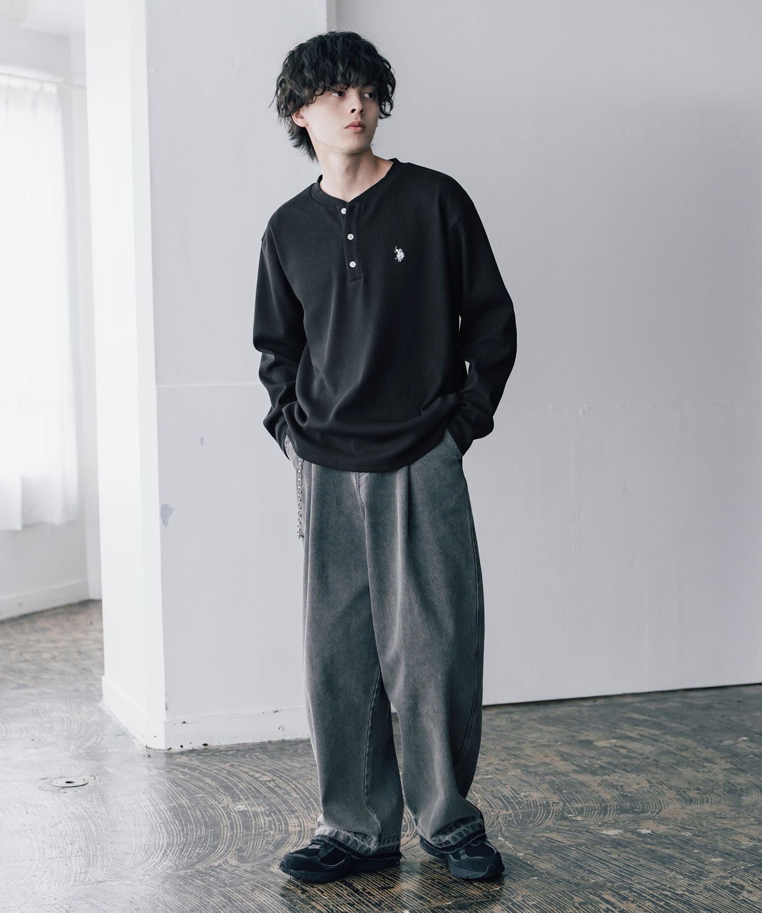 U.S. POLO ASSN. ユーエスポロアッスン サーマルワンポイントロゴ刺繍ヘンリーネック長袖Tシャツ/ワッフルカットソー 16110