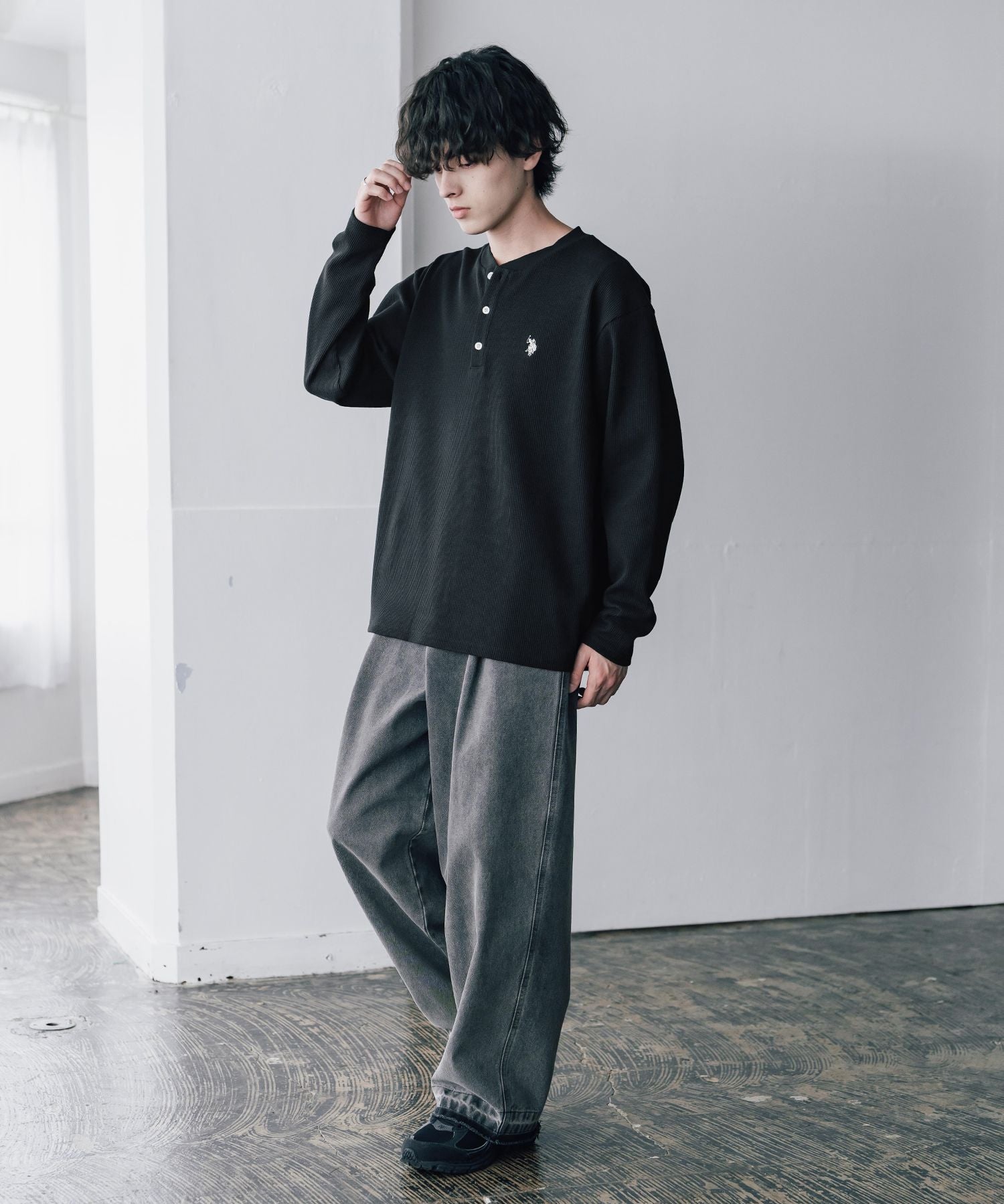 U.S. POLO ASSN. ユーエスポロアッスン サーマルワンポイントロゴ刺繍ヘンリーネック長袖Tシャツ/ワッフルカットソー 16110