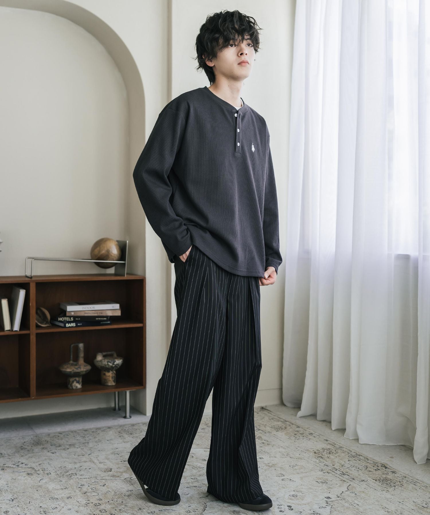 U.S. POLO ASSN. ユーエスポロアッスン サーマルワンポイントロゴ刺繍ヘンリーネック長袖Tシャツ/ワッフルカットソー 16110