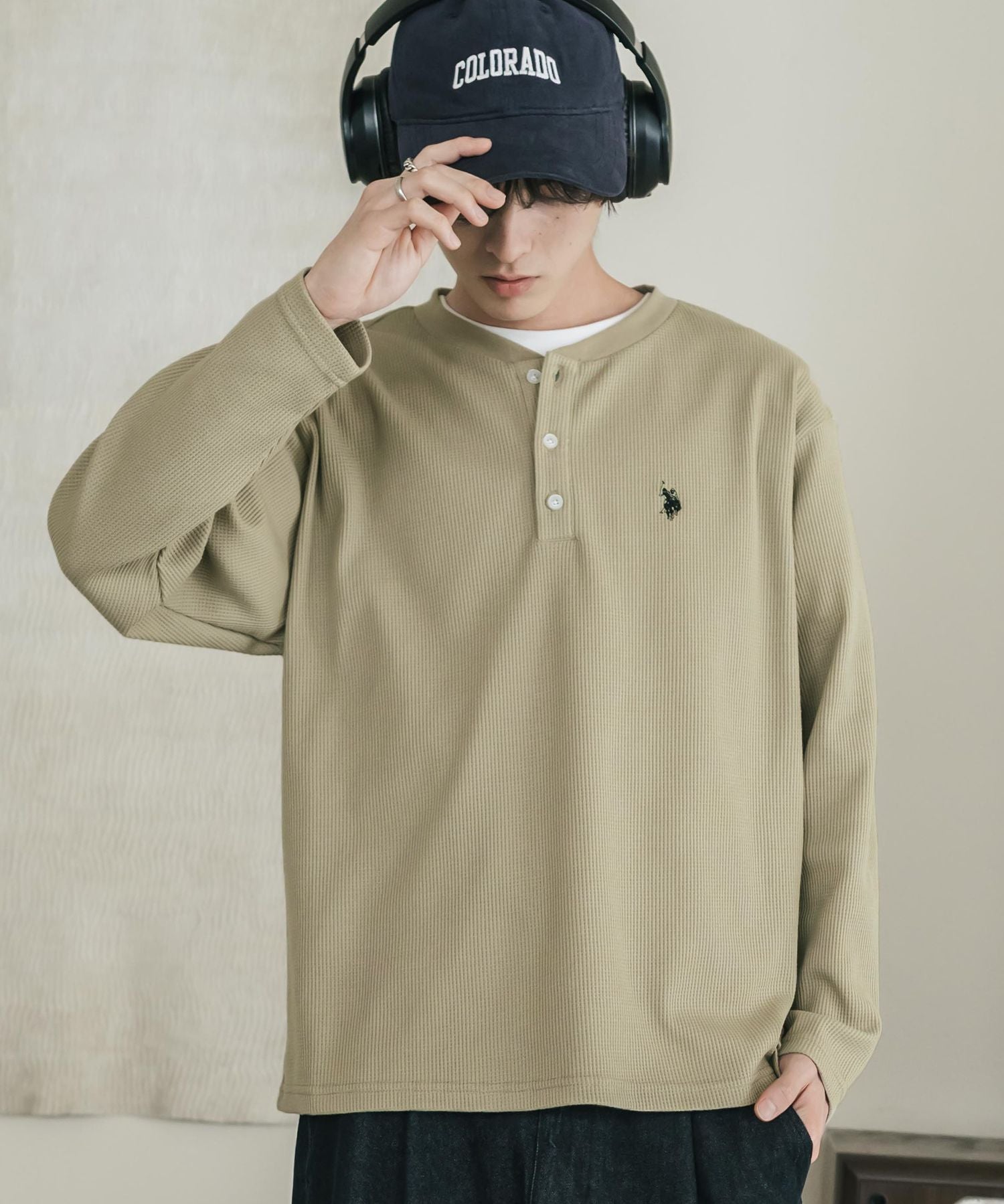 U.S. POLO ASSN. ユーエスポロアッスン サーマルワンポイントロゴ刺繍ヘンリーネック長袖Tシャツ/ワッフルカットソー 16110