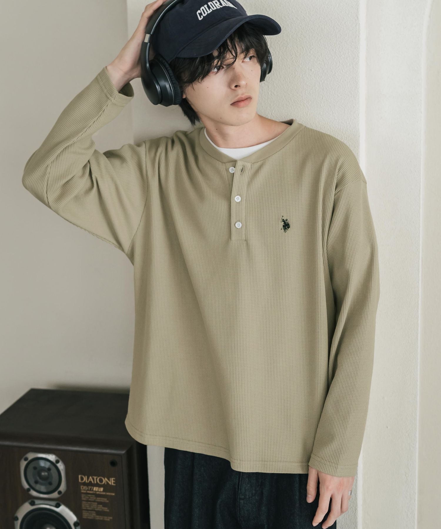 U.S. POLO ASSN. ユーエスポロアッスン サーマルワンポイントロゴ刺繍ヘンリーネック長袖Tシャツ/ワッフルカットソー 16110