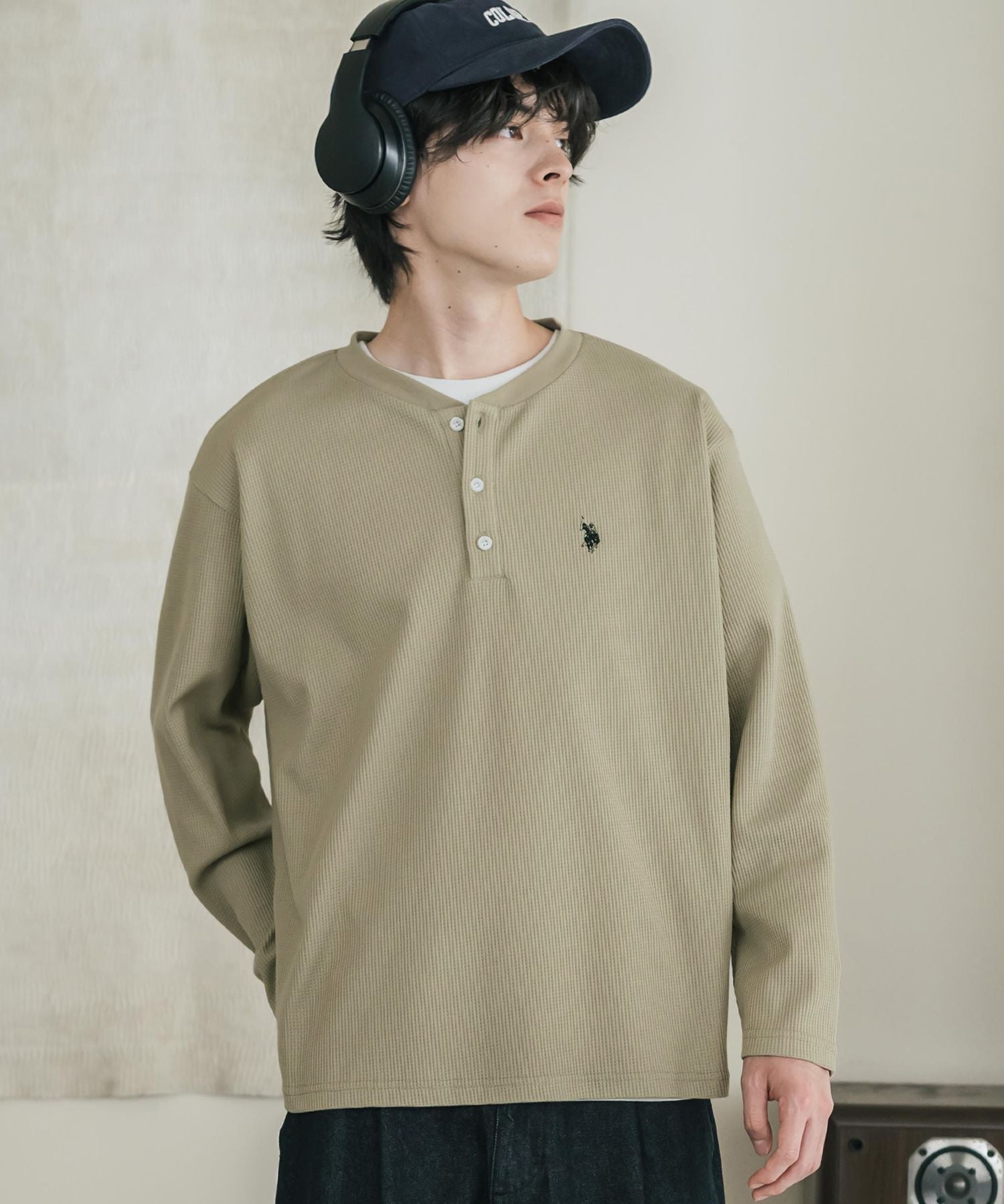 U.S. POLO ASSN. ユーエスポロアッスン サーマルワンポイントロゴ刺繍ヘンリーネック長袖Tシャツ/ワッフルカットソー 16110