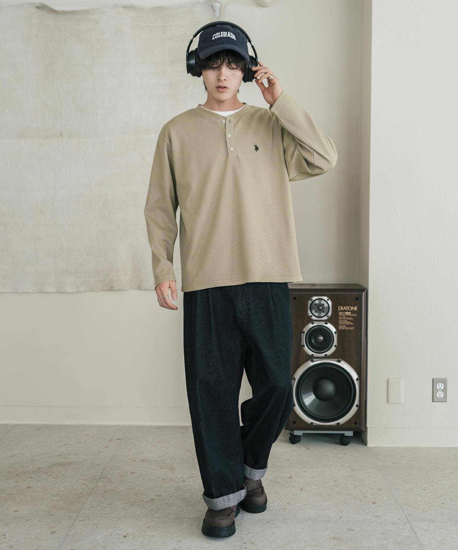 U.S. POLO ASSN. ユーエスポロアッスン サーマルワンポイントロゴ刺繍ヘンリーネック長袖Tシャツ/ワッフルカットソー 16110