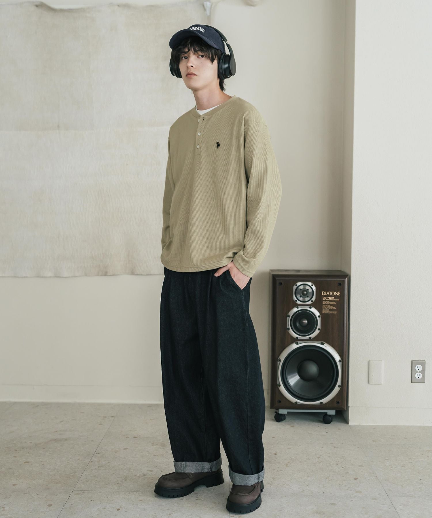 U.S. POLO ASSN. ユーエスポロアッスン サーマルワンポイントロゴ刺繍ヘンリーネック長袖Tシャツ/ワッフルカットソー 16110