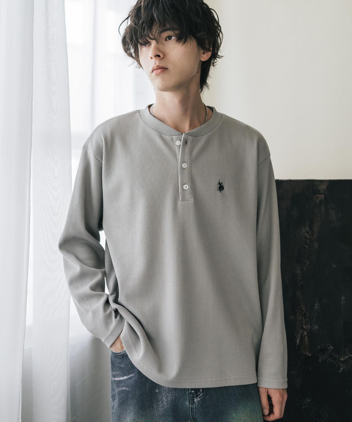 U.S. POLO ASSN. ユーエスポロアッスン サーマルワンポイントロゴ刺繍ヘンリーネック長袖Tシャツ/ワッフルカットソー 16110