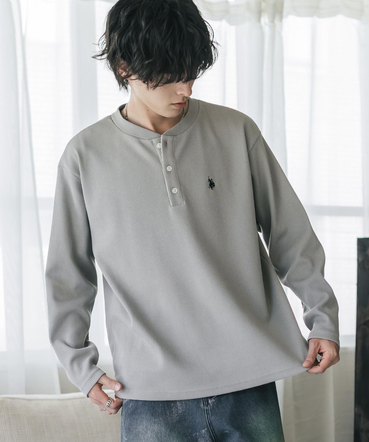 U.S. POLO ASSN. ユーエスポロアッスン サーマルワンポイントロゴ刺繍ヘンリーネック長袖Tシャツ/ワッフルカットソー 16110