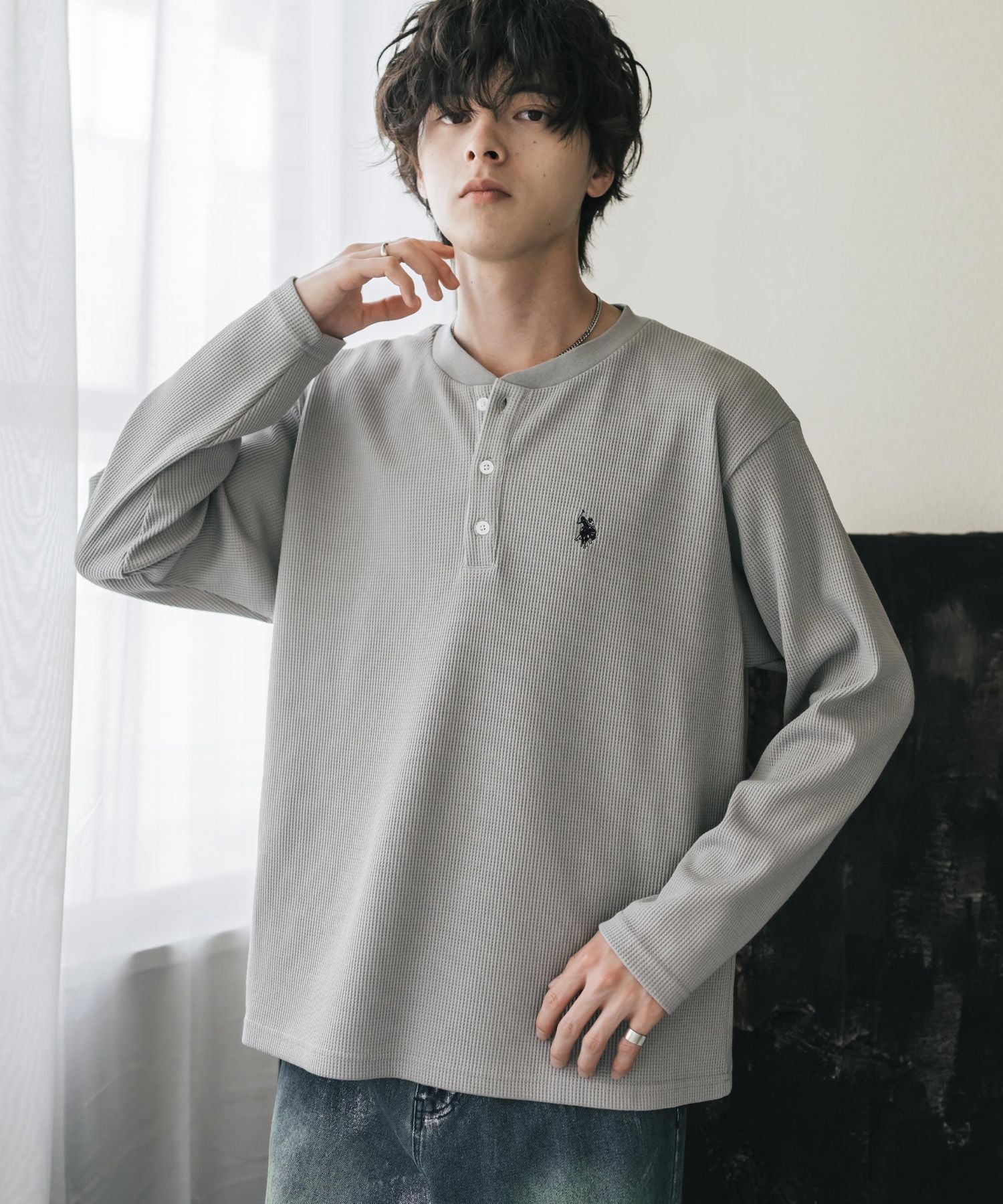 U.S. POLO ASSN. ユーエスポロアッスン サーマルワンポイントロゴ刺繍ヘンリーネック長袖Tシャツ/ワッフルカットソー 16110