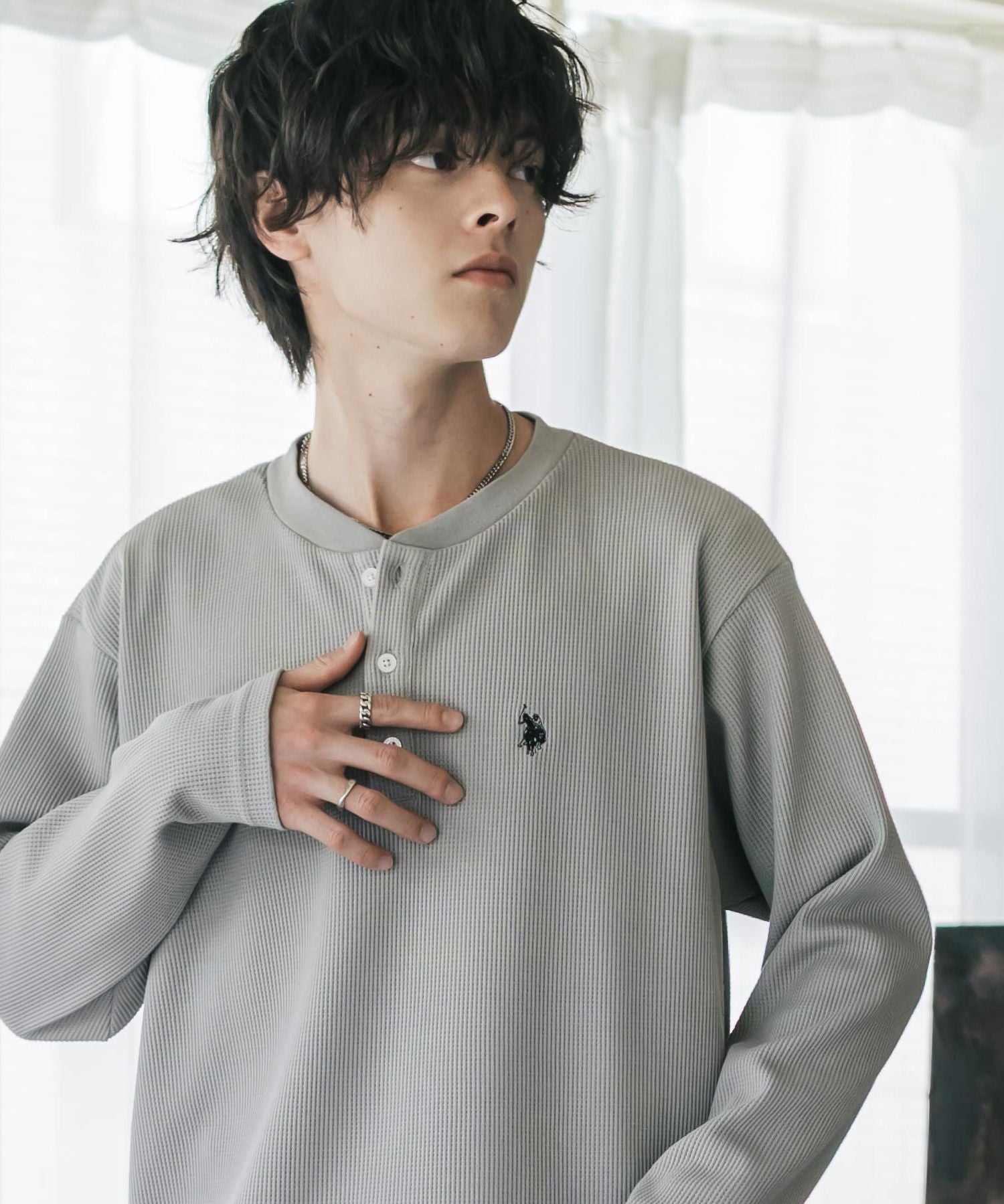 U.S. POLO ASSN. ユーエスポロアッスン サーマルワンポイントロゴ刺繍ヘンリーネック長袖Tシャツ/ワッフルカットソー 16110