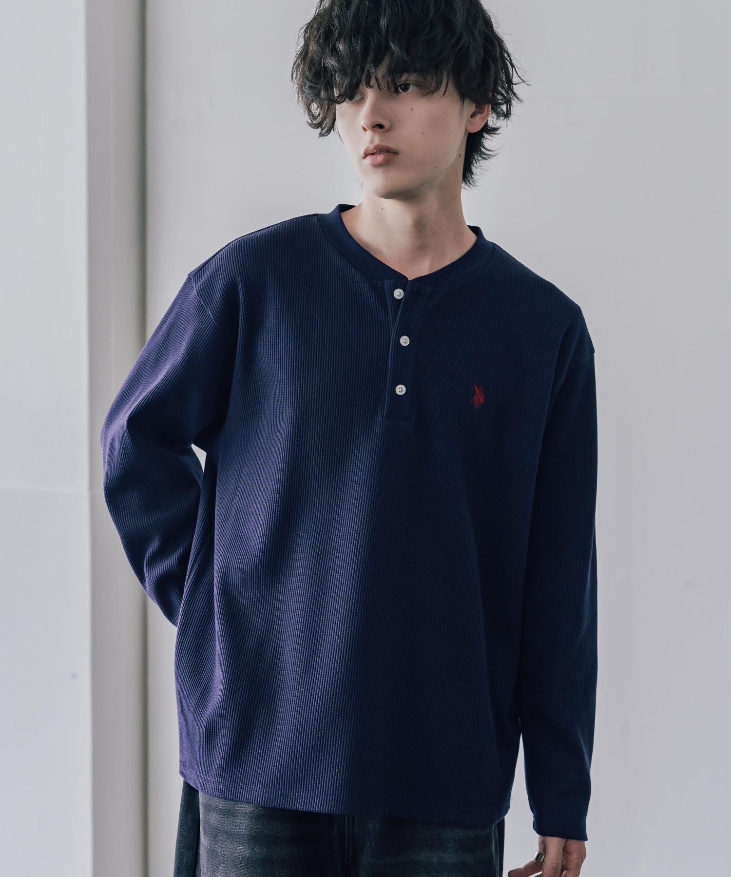 U.S. POLO ASSN. ユーエスポロアッスン サーマルワンポイントロゴ刺繍ヘンリーネック長袖Tシャツ/ワッフルカットソー 16110