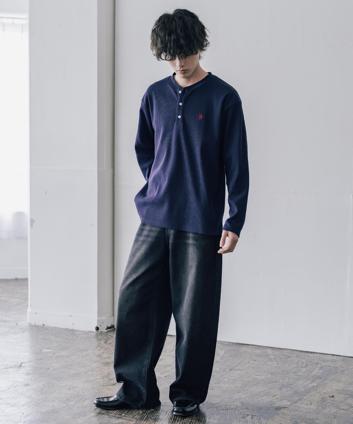 U.S. POLO ASSN. ユーエスポロアッスン サーマルワンポイントロゴ刺繍ヘンリーネック長袖Tシャツ/ワッフルカットソー 16110