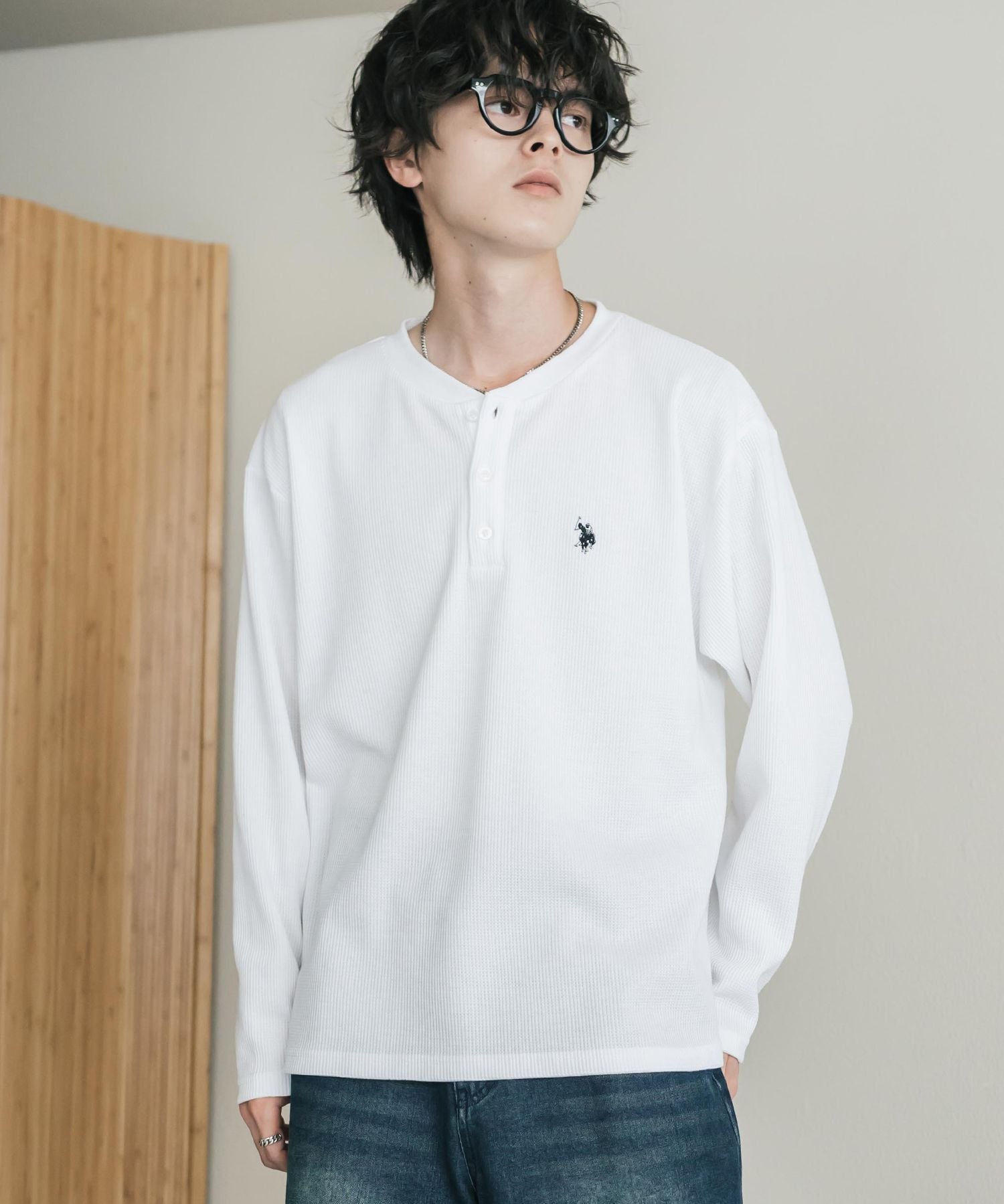 U.S. POLO ASSN. ユーエスポロアッスン サーマルワンポイントロゴ刺繍ヘンリーネック長袖Tシャツ/ワッフルカットソー 16110