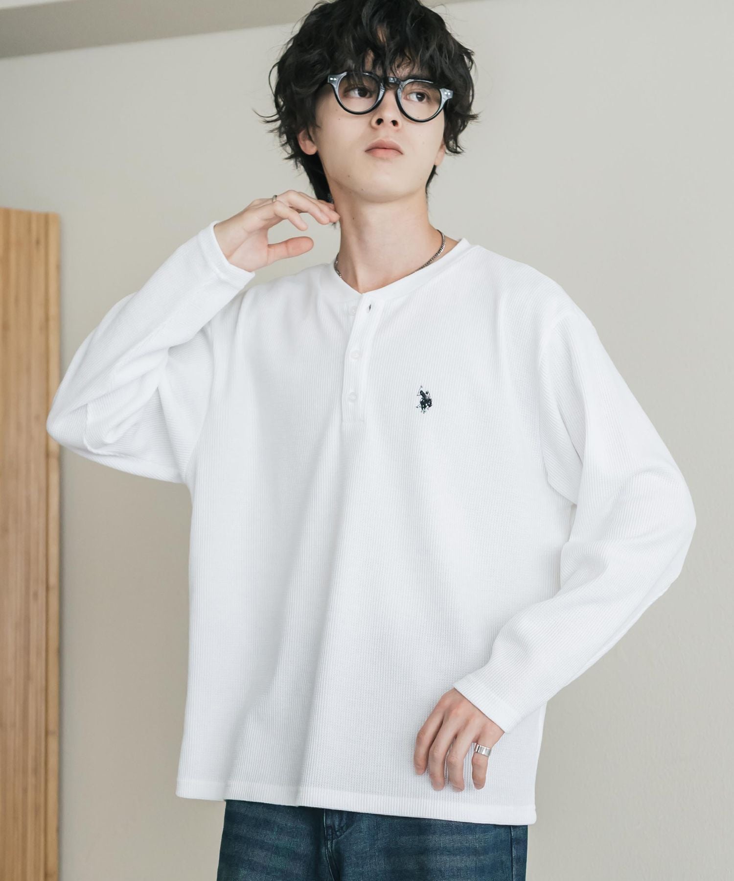 U.S. POLO ASSN. ユーエスポロアッスン サーマルワンポイントロゴ刺繍ヘンリーネック長袖Tシャツ/ワッフルカットソー 16110