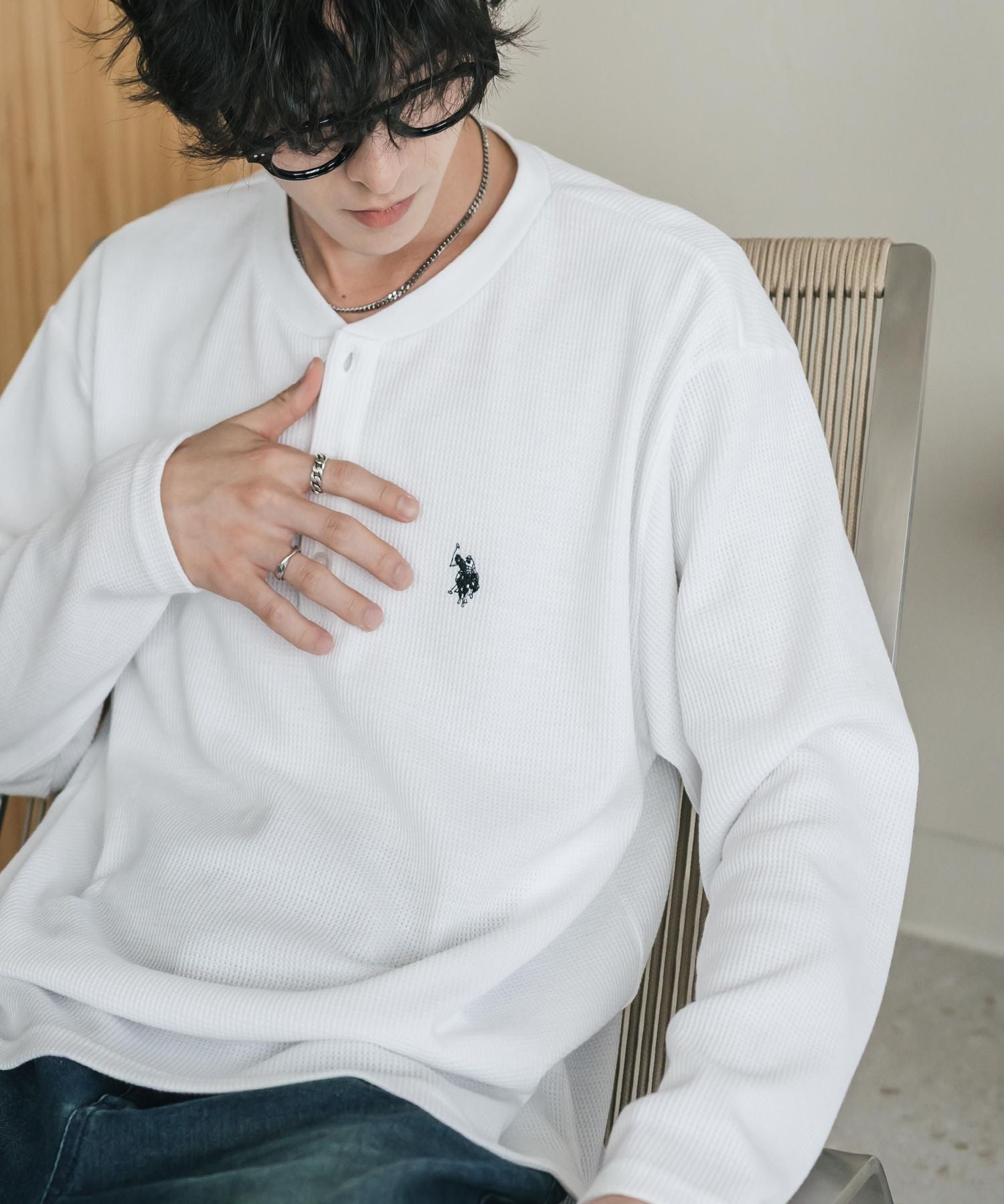 U.S. POLO ASSN. ユーエスポロアッスン サーマルワンポイントロゴ刺繍ヘンリーネック長袖Tシャツ/ワッフルカットソー 16110