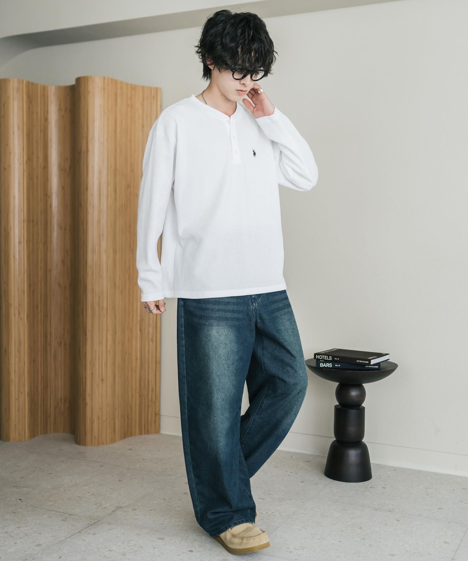 U.S. POLO ASSN. ユーエスポロアッスン サーマルワンポイントロゴ刺繍ヘンリーネック長袖Tシャツ/ワッフルカットソー 16110