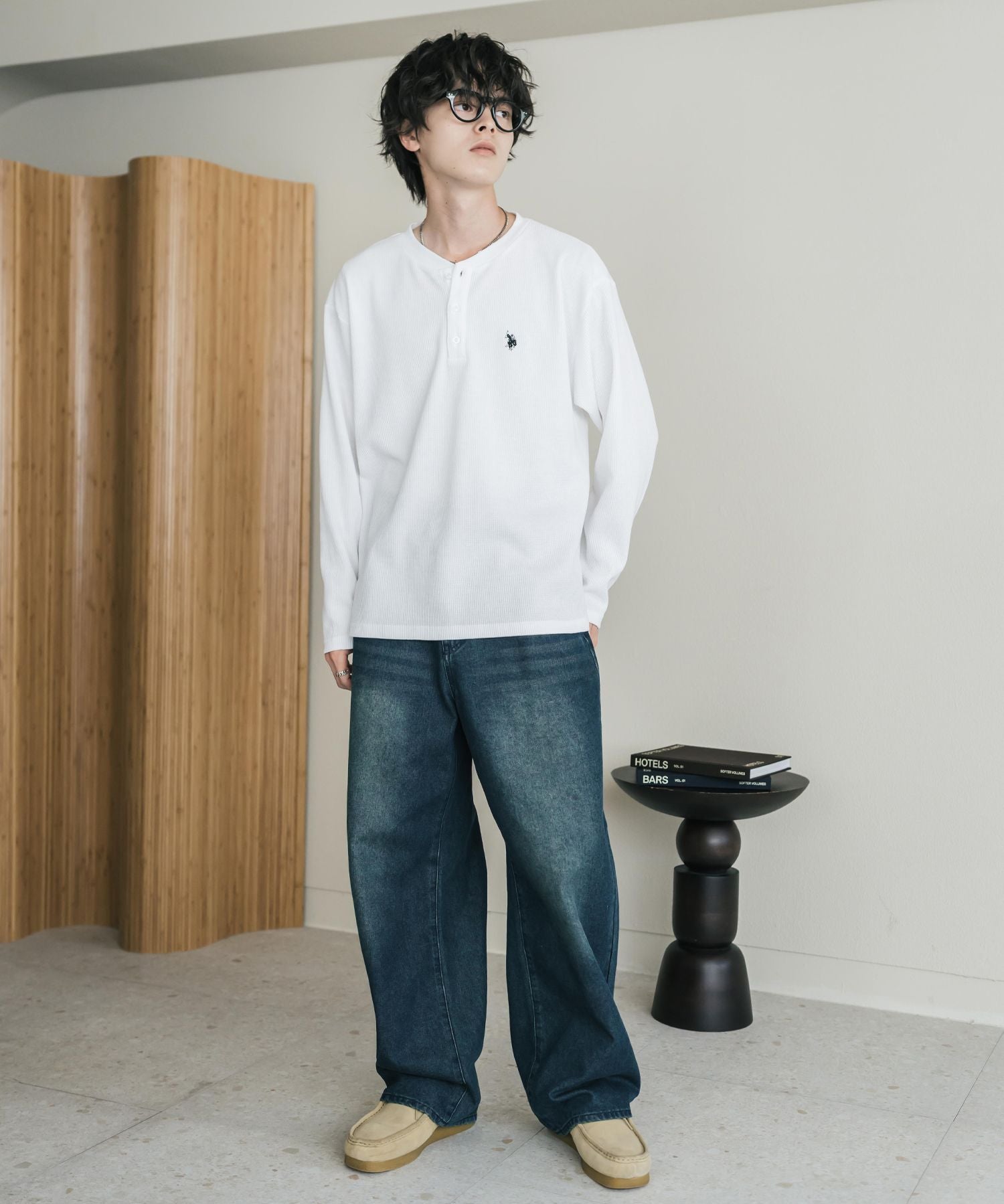U.S. POLO ASSN. ユーエスポロアッスン サーマルワンポイントロゴ刺繍ヘンリーネック長袖Tシャツ/ワッフルカットソー 16110