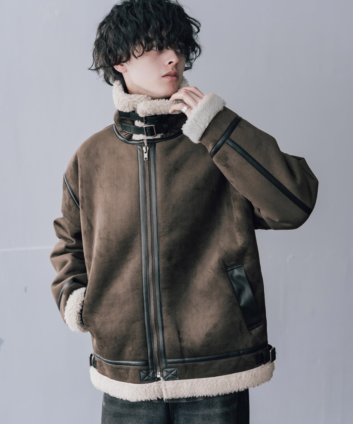 オーバーサイズ B-3フェイクムートン2WAY裏ボアスタンドネックブルゾン 16111