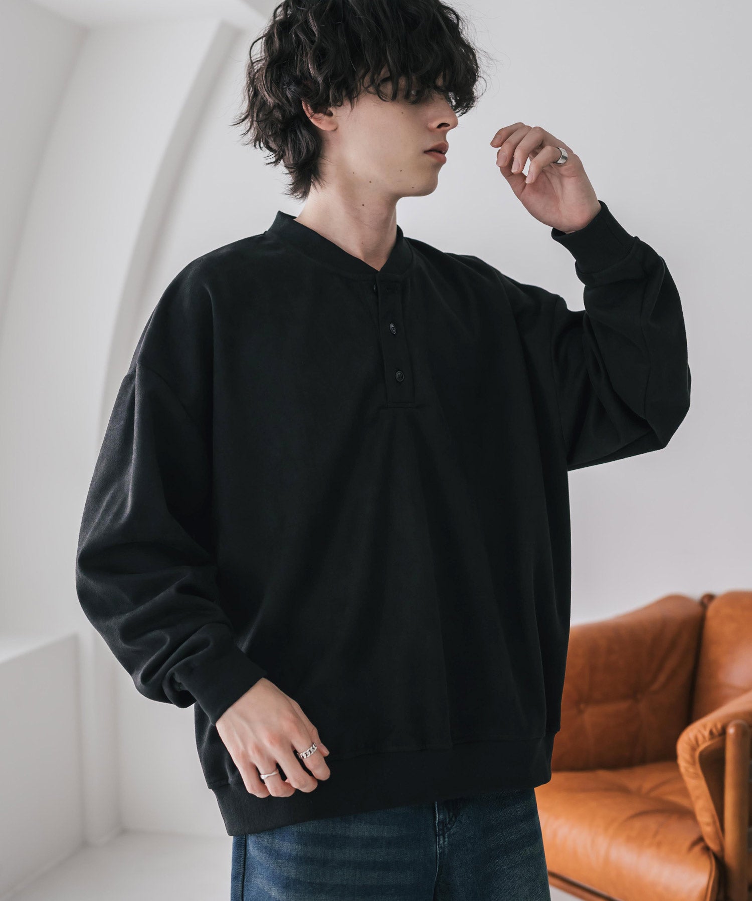 カットコーデュロイ・スエード長袖ヘンリーネックTシャツ/トレーナー 16152