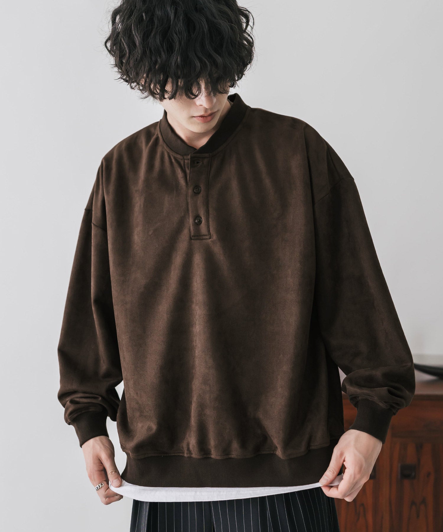 カットコーデュロイ・スエード長袖ヘンリーネックTシャツ/トレーナー 16152